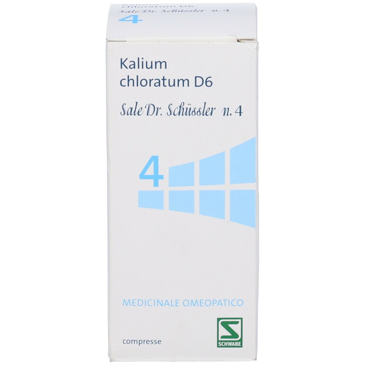Scatola con compresse. Sulla scatola: Kalium chloratum D6 Sale Dr. Schüssler n.4, compresse.