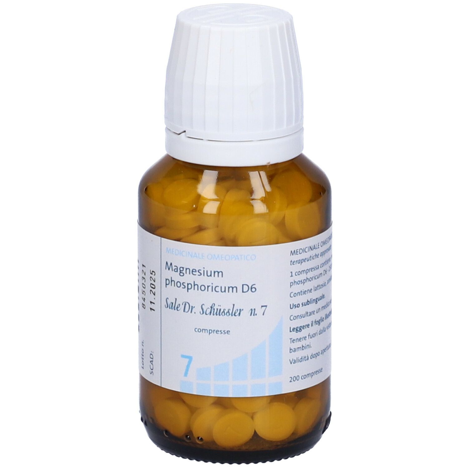 Flacone di vetro marrone con tappo bianco. Scritta: Magnesium phosphoricum D6, Sale Dr. Schüssler n.7, compresse.