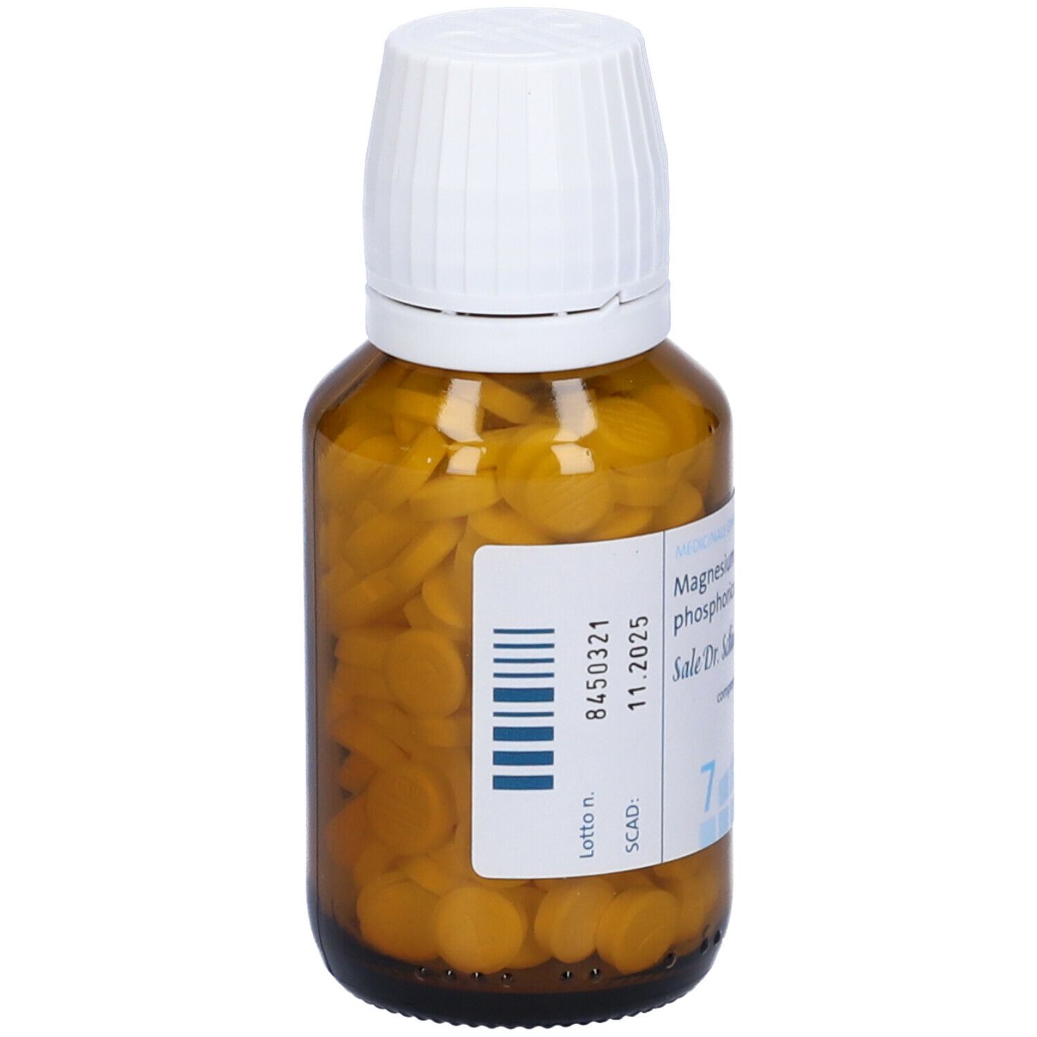 Flacone di vetro marrone con tappo bianco. Scritta: Magnesium phosphoricum D6, Sale Dr. Schüssler n.7, compresse.