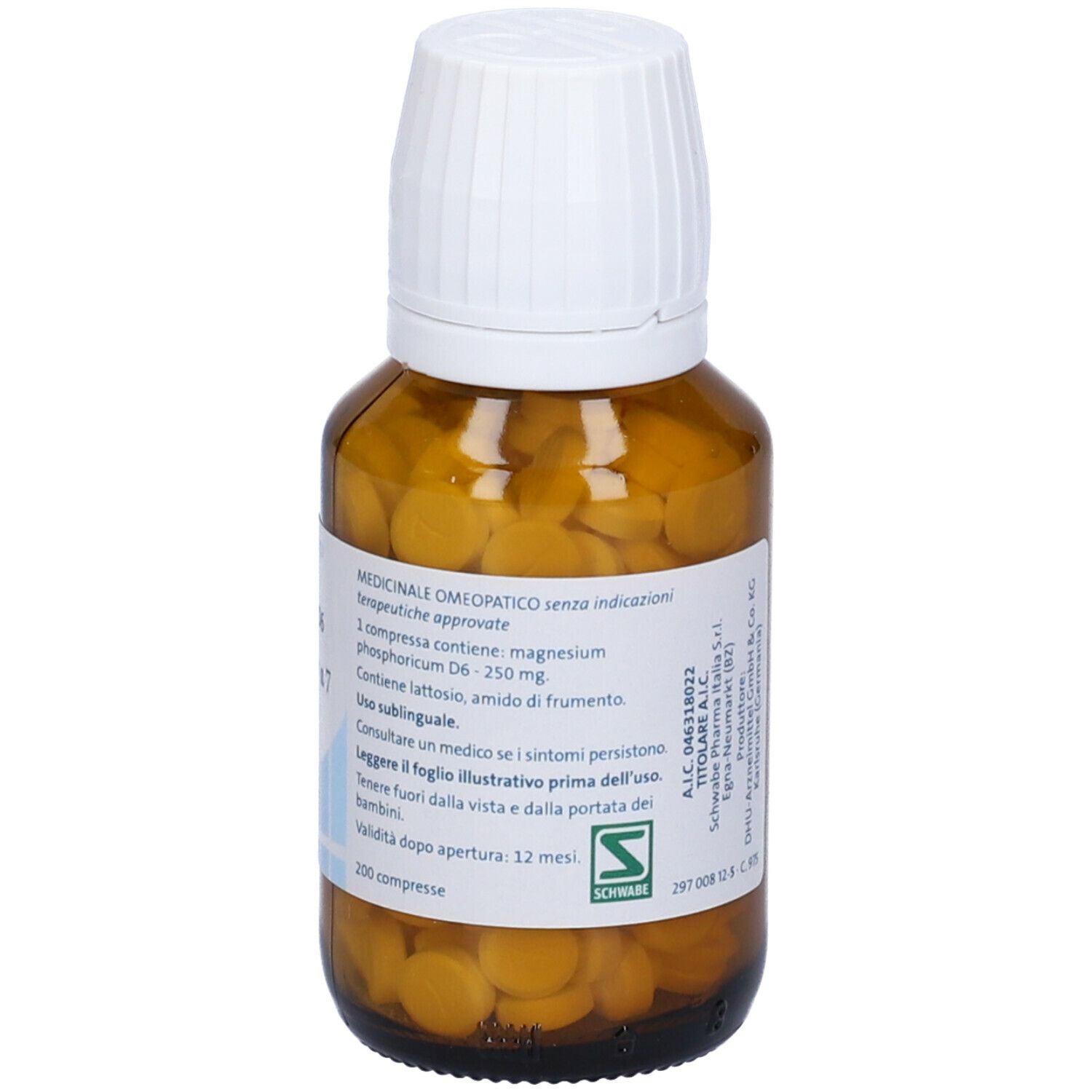Flacone di vetro marrone con tappo bianco. Scritta: Magnesium phosphoricum D6, Sale Dr. Schüssler n.7, compresse.