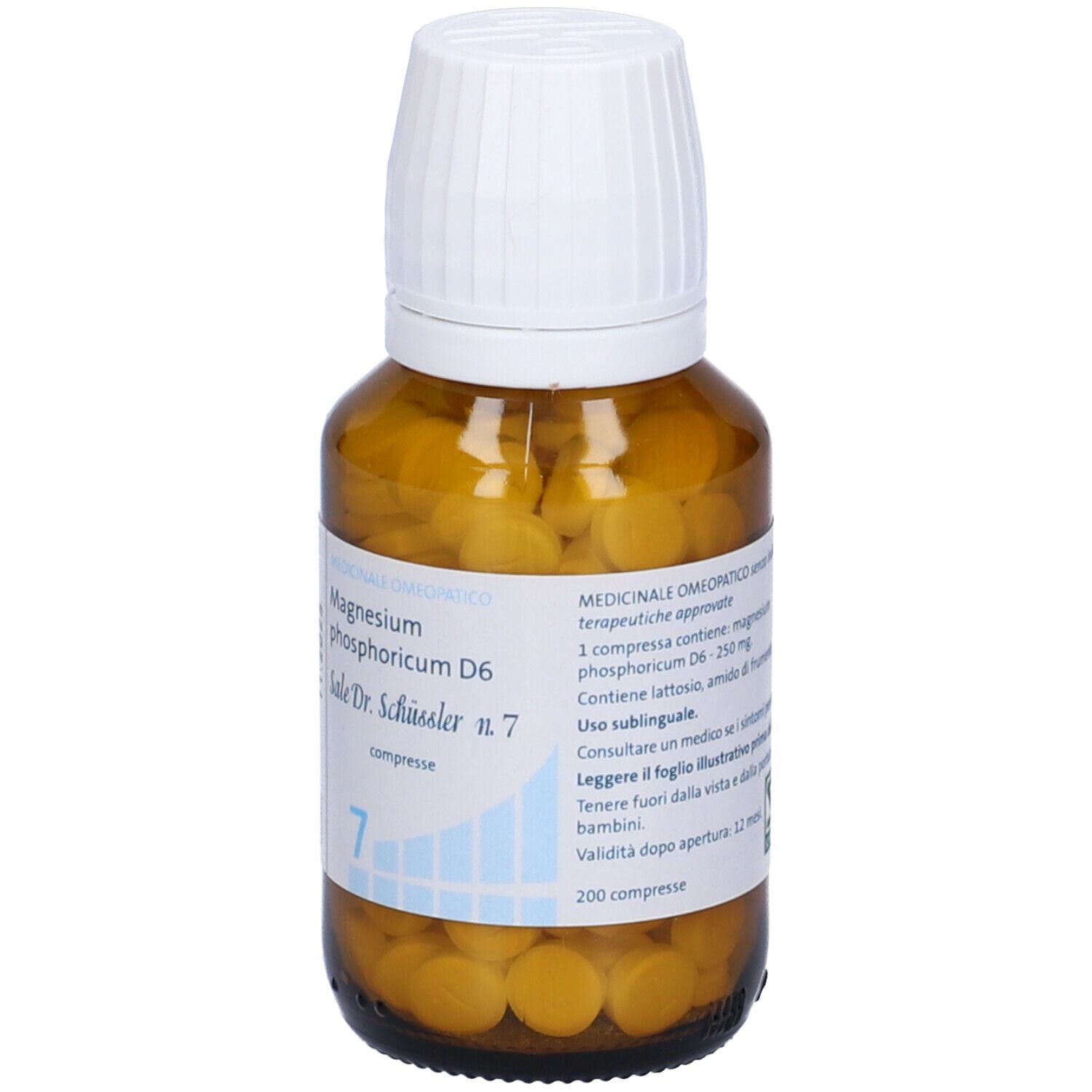 Flacone di vetro marrone con tappo bianco. Scritta: Magnesium phosphoricum D6, Sale Dr. Schüssler n.7, compresse.