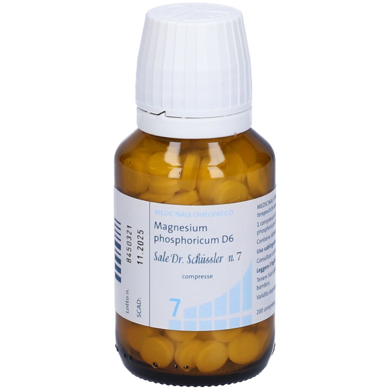 Flacone di vetro marrone con tappo bianco. Scritta: Magnesium phosphoricum D6, Sale Dr. Schüssler n.7, compresse.