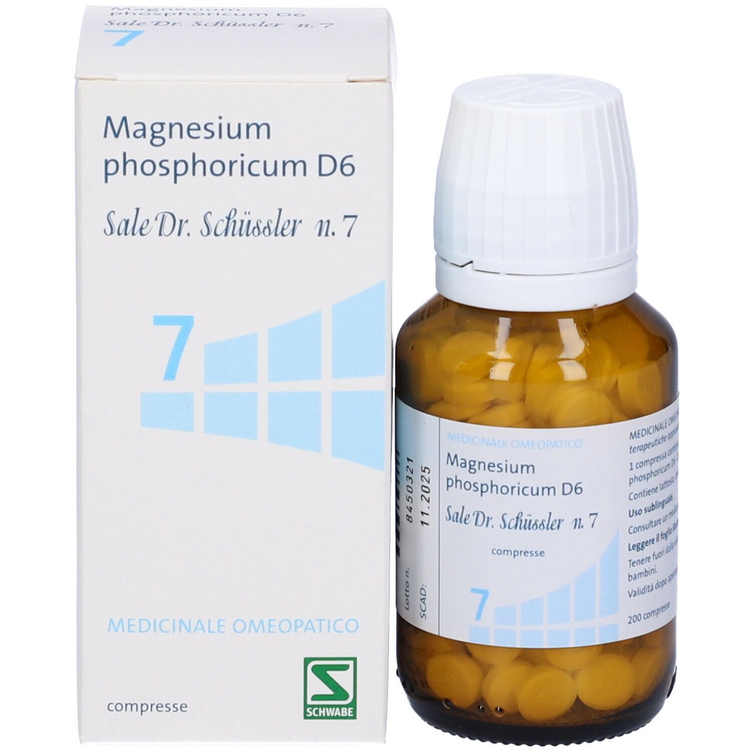 Flacone di vetro marrone e scatola. Scritta: Magnesium phosphoricum D6, Sale Dr. Schüssler n.7, compresse.