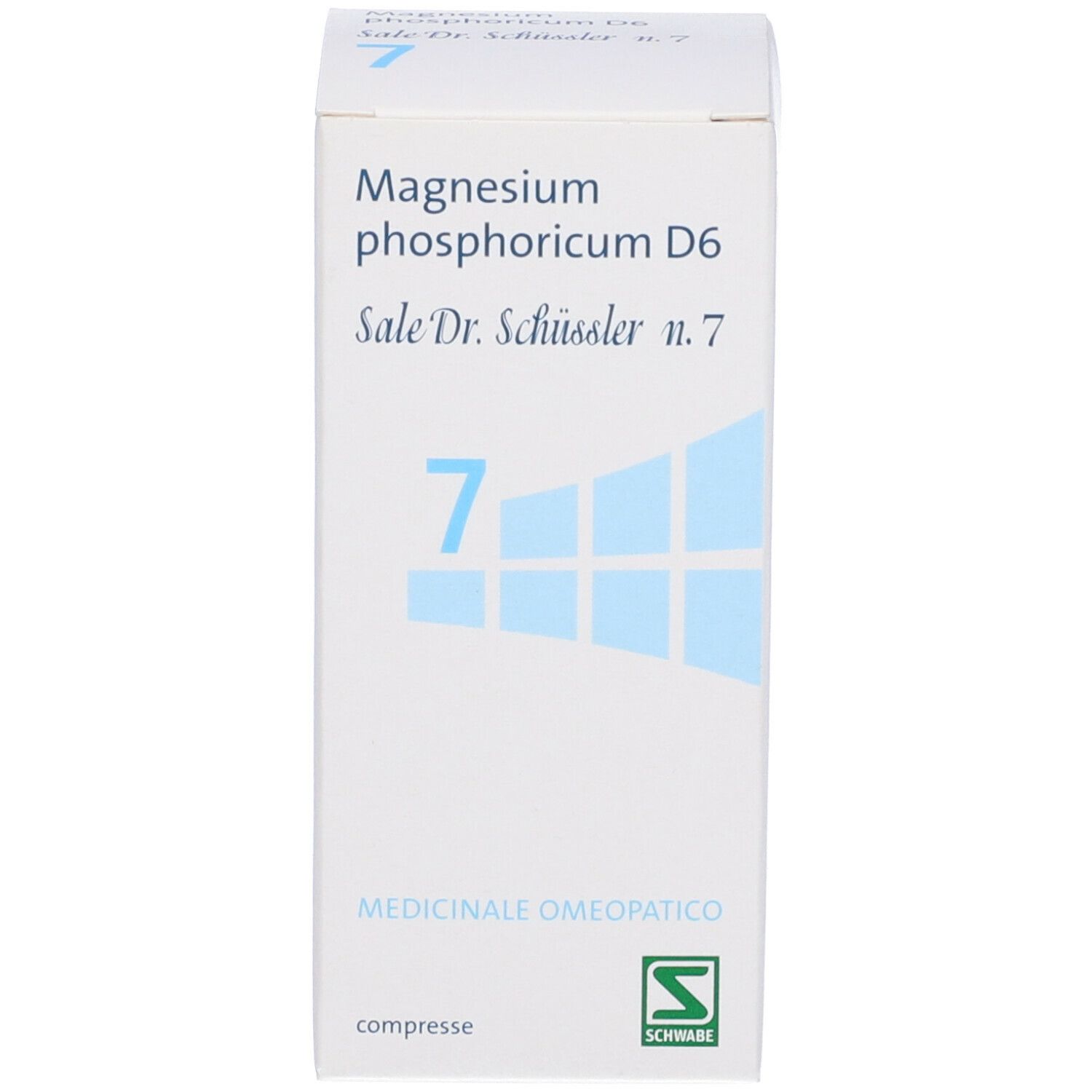 Scatola bianca. Scritta: Magnesium phosphoricum D6, Sale Dr. Schüssler n.7, compresse.