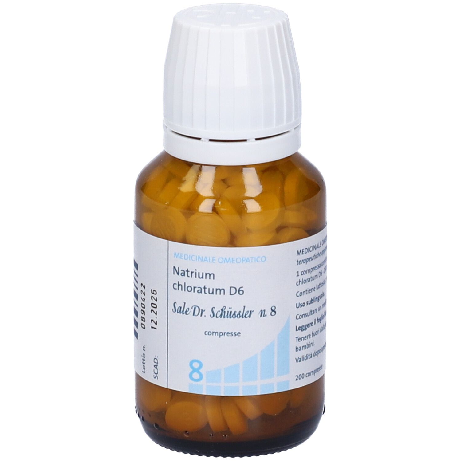 Flacone di vetro marrone con coperchio bianco. Scritta: Natrium chloratum D6, Sale Dr. Schüssler n. 8, compresse.