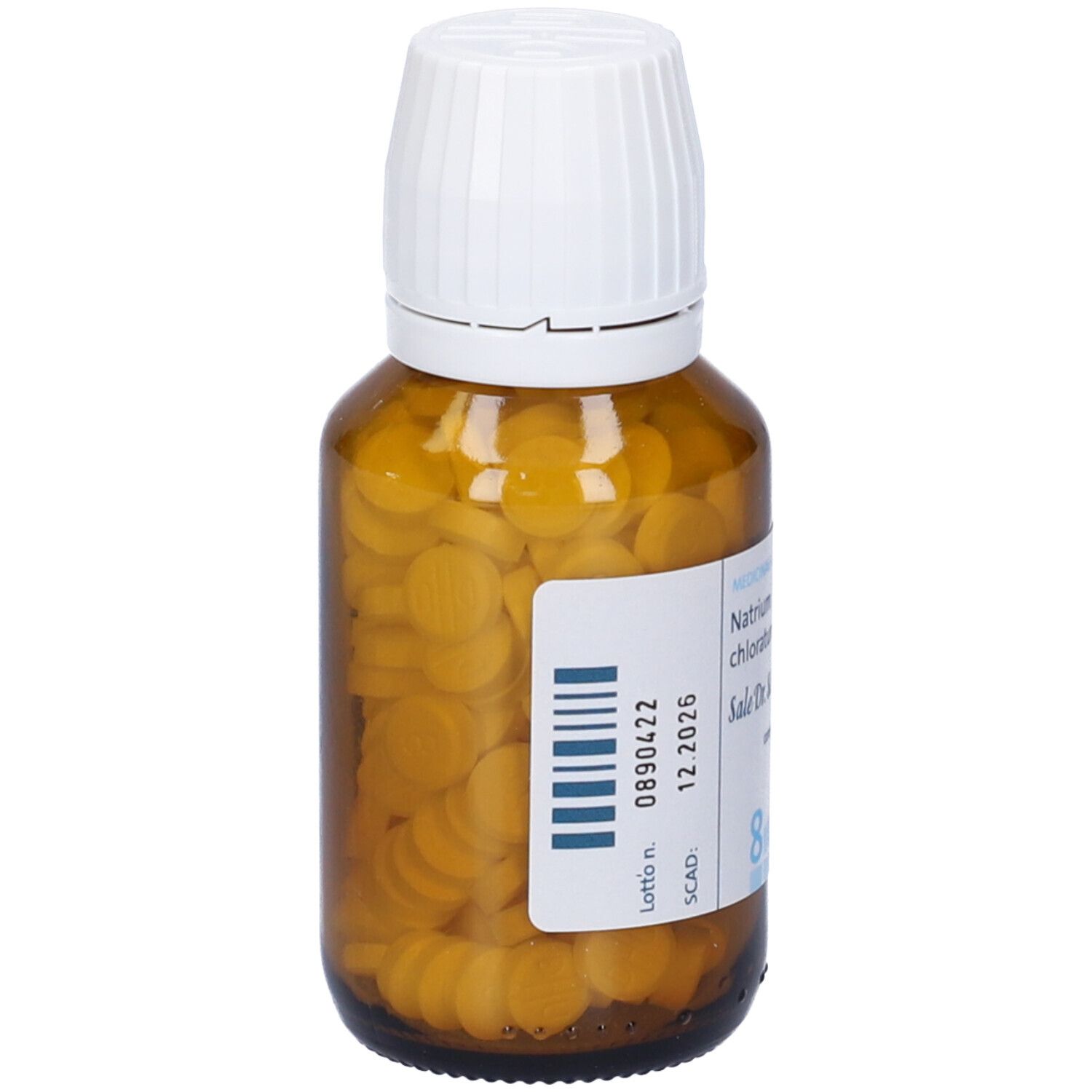 Flacone di vetro marrone con coperchio bianco. Scritta: Natrium chloratum D6, Sale Dr. Schüssler n. 8, compresse.