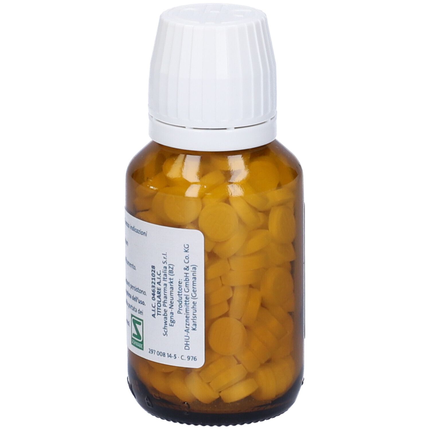 Flacone di vetro marrone con coperchio bianco. Scritta: Natrium chloratum D6, Sale Dr. Schüssler n. 8, compresse.