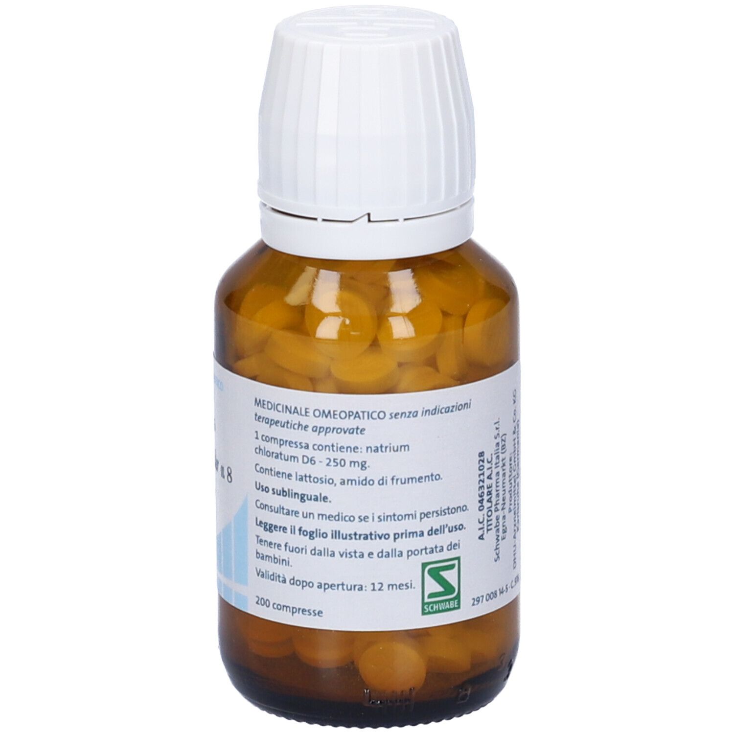 Flacone di vetro marrone con coperchio bianco. Scritta: Natrium chloratum D6, Sale Dr. Schüssler n. 8, compresse.