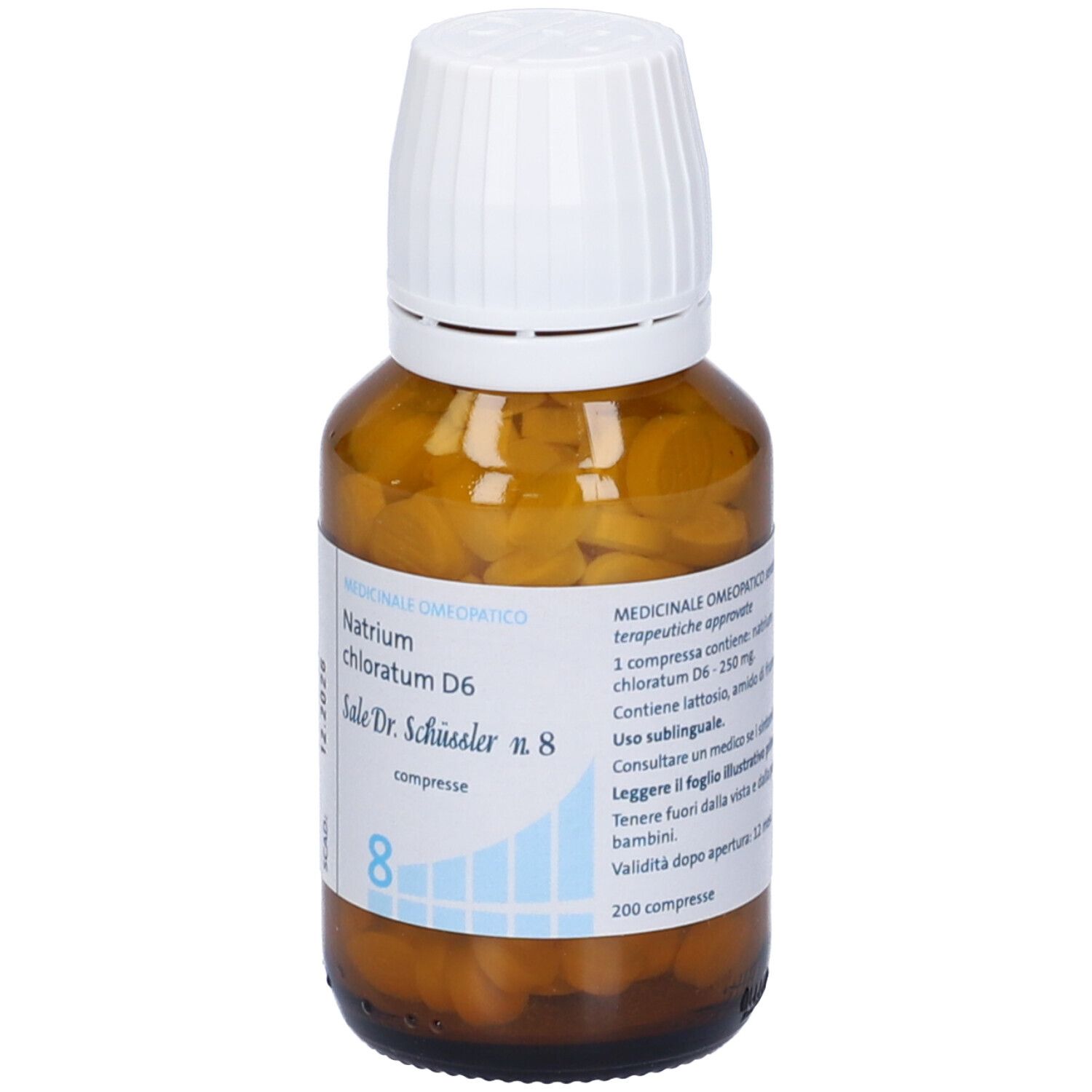 Flacone di vetro marrone con coperchio bianco. Scritta: Natrium chloratum D6, Sale Dr. Schüssler n. 8, compresse.
