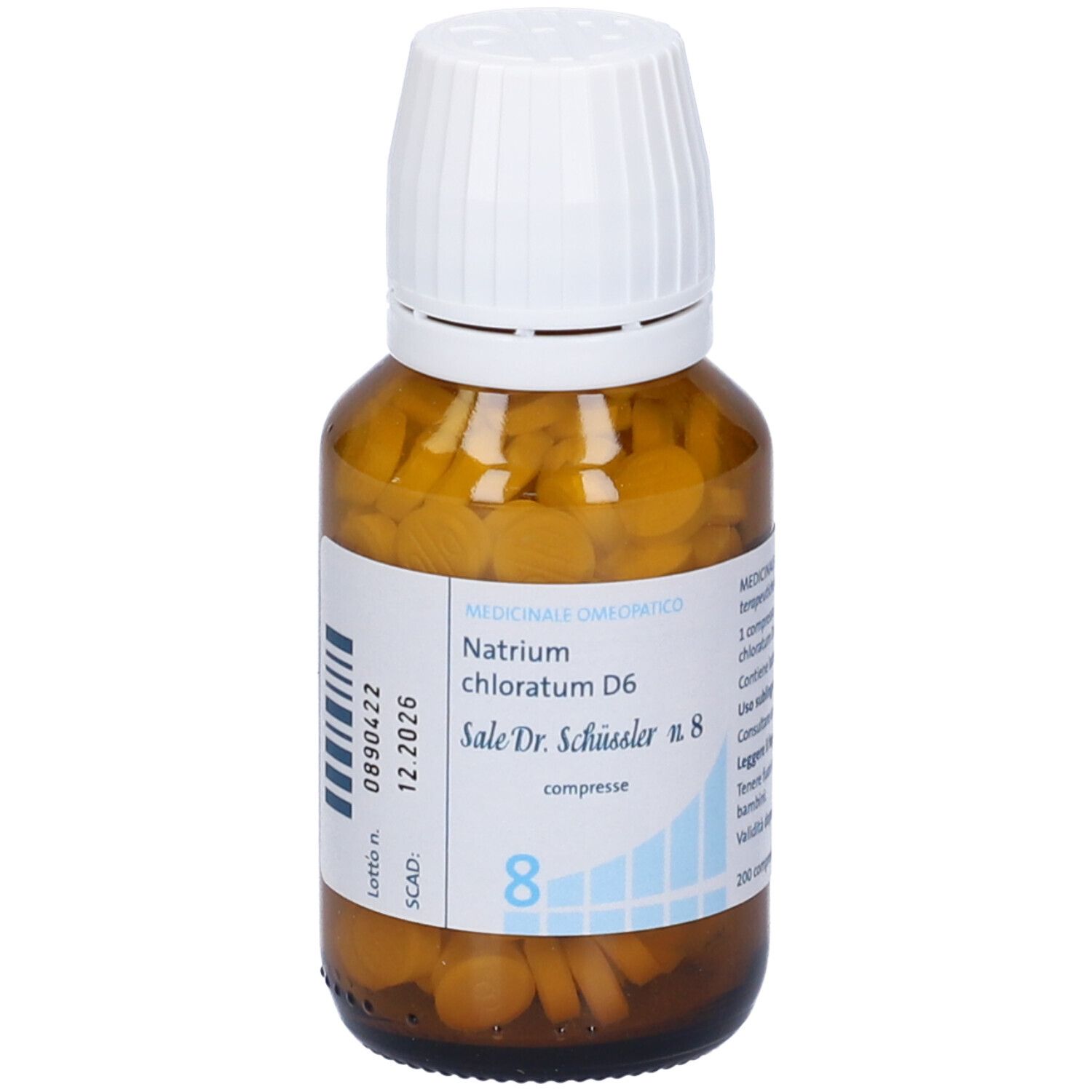 Flacone di vetro marrone con coperchio bianco. Scritta: Natrium chloratum D6, Sale Dr. Schüssler n. 8, compresse.