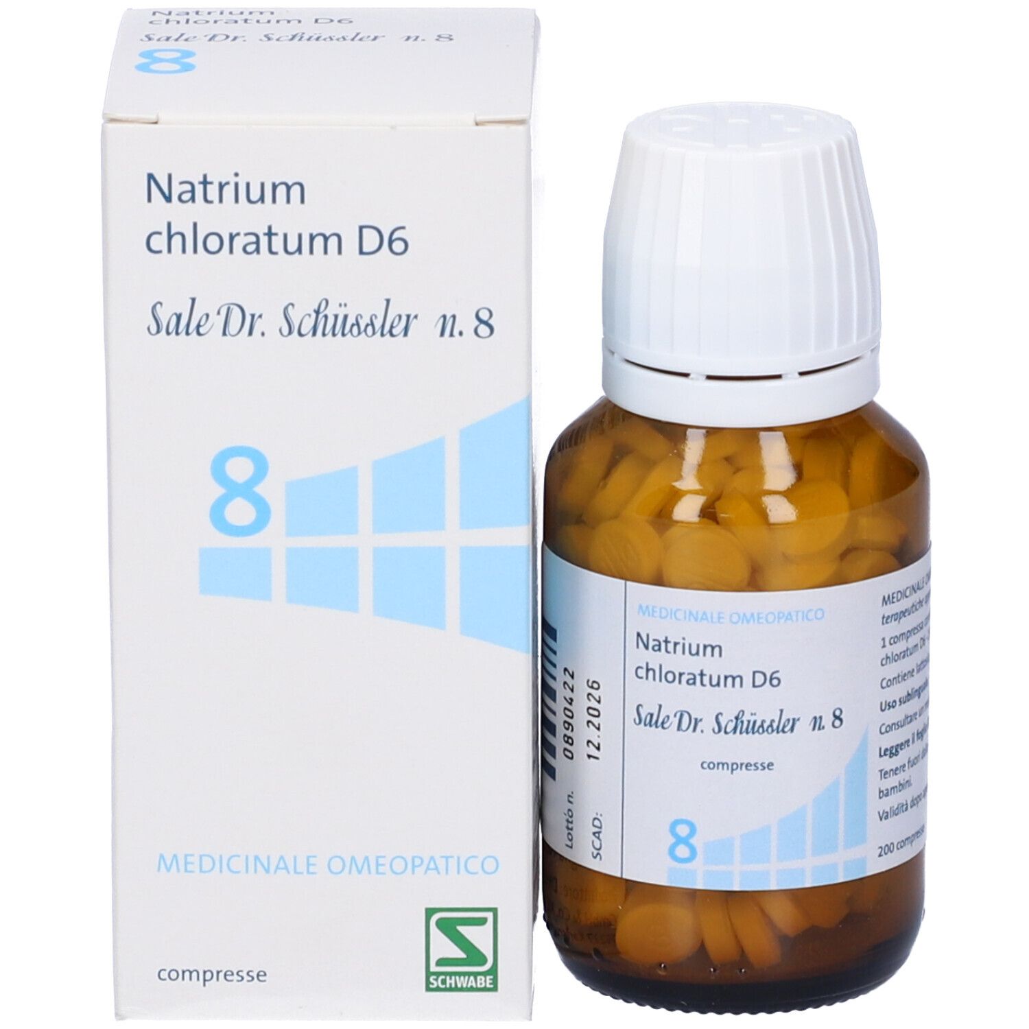 Flacone di vetro marrone e scatola. Scritta: Natrium chloratum D6, Sale Dr. Schüssler n. 8, compresse.