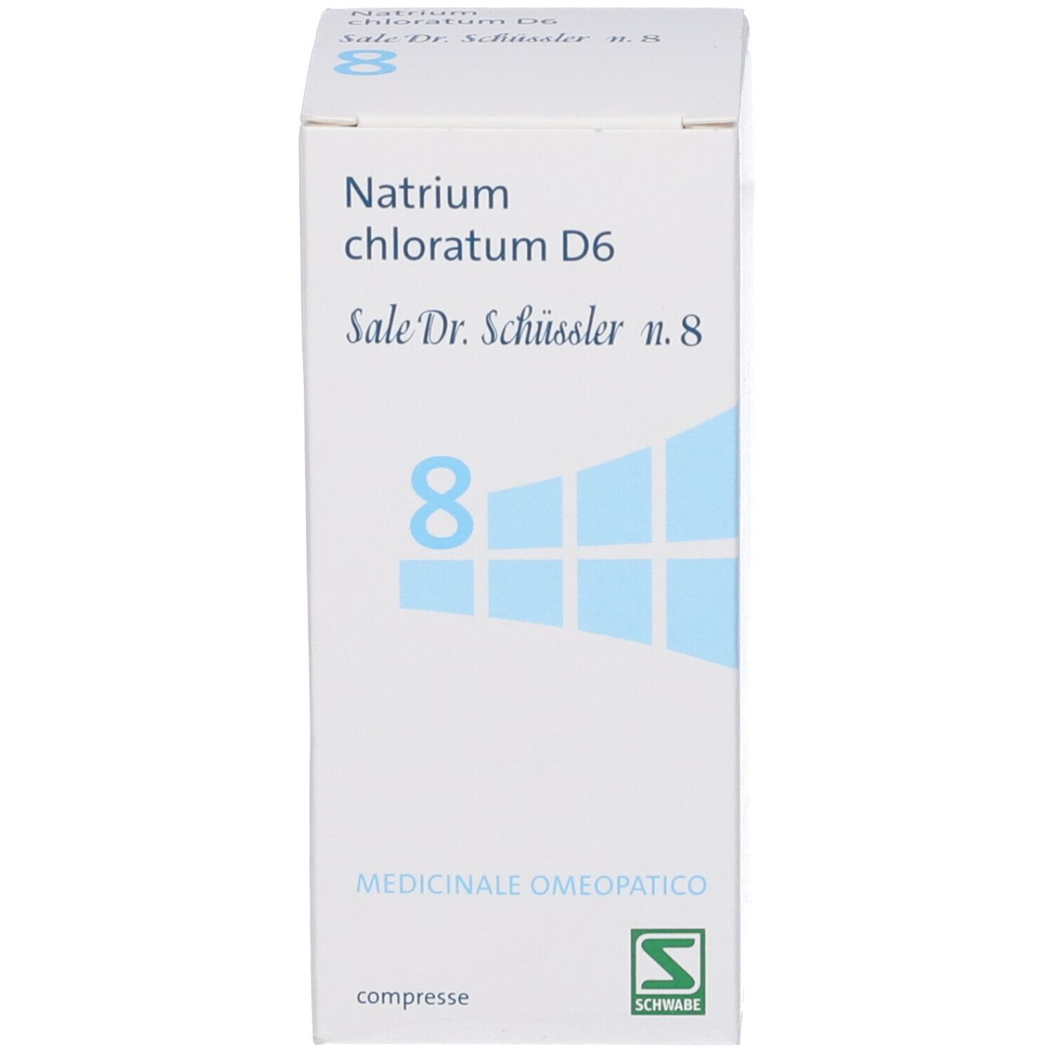 Scatola bianca. Scritta: Natrium chloratum D6, Sale Dr. Schüssler n. 8, compresse.