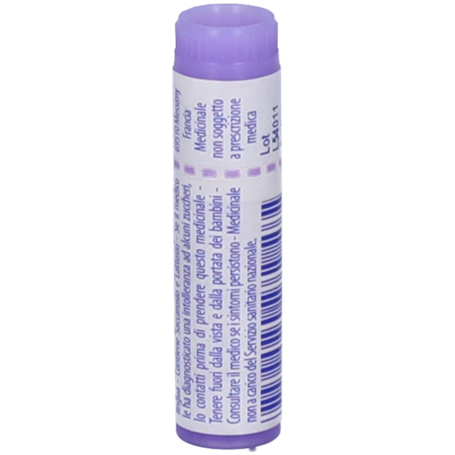 Contenitore monodose cilindrico. Scritte e testo. Viola e bianco. Vista dettagliata.
