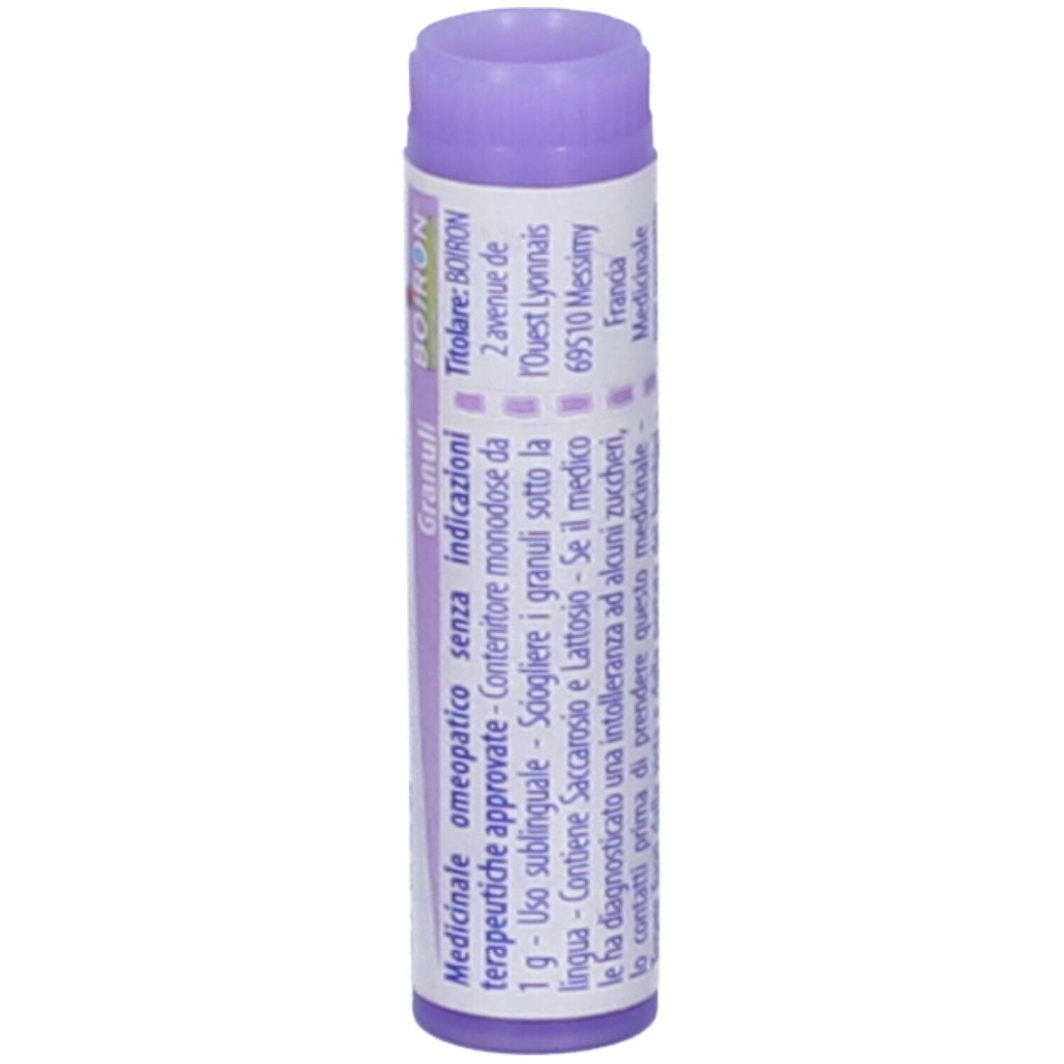 Contenitore monodose cilindrico. Scritte e testo. Viola e bianco. Vista verticale.