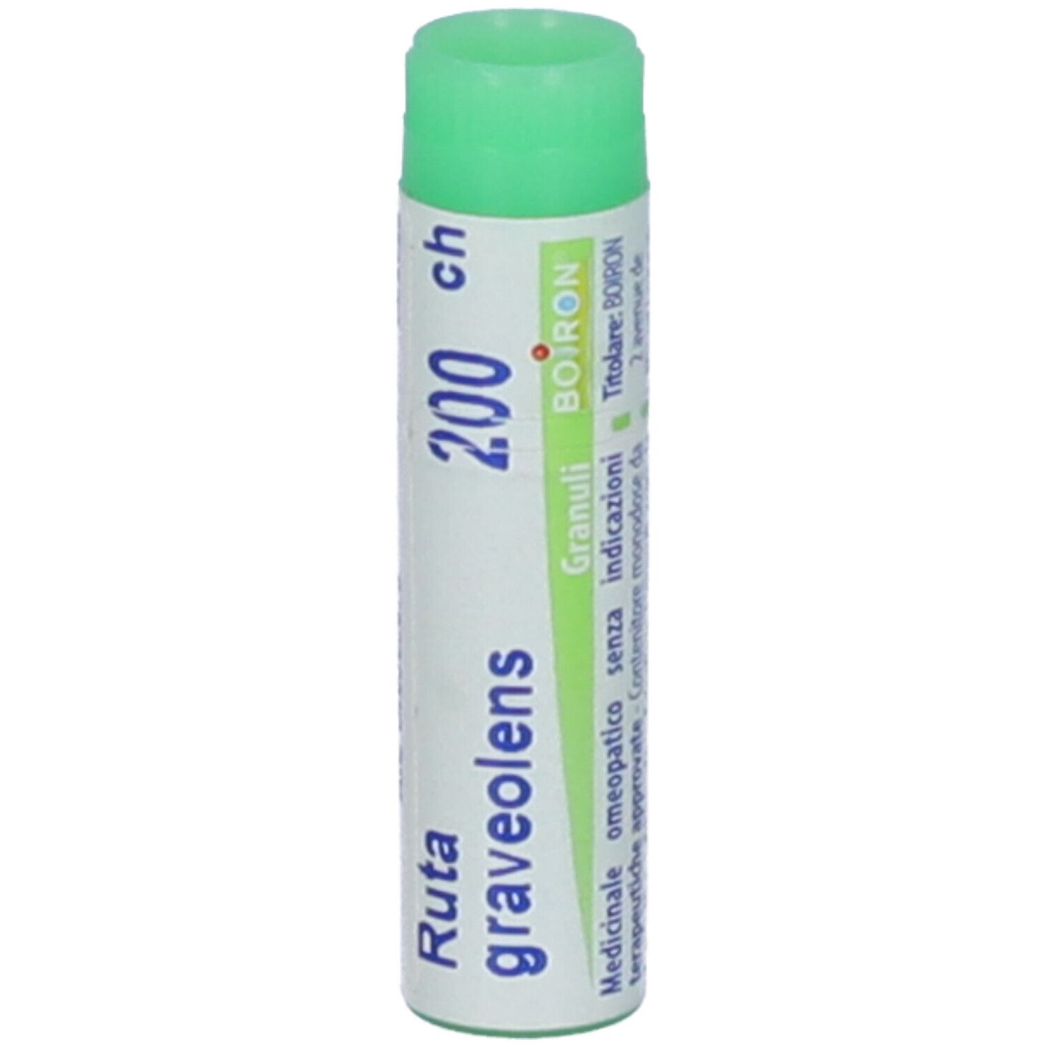 Contenitore monodose cilindrico. Scritta: Ruta graveolens, 200 ch, BOIRON. Tappo verde. Ulteriori informazioni.