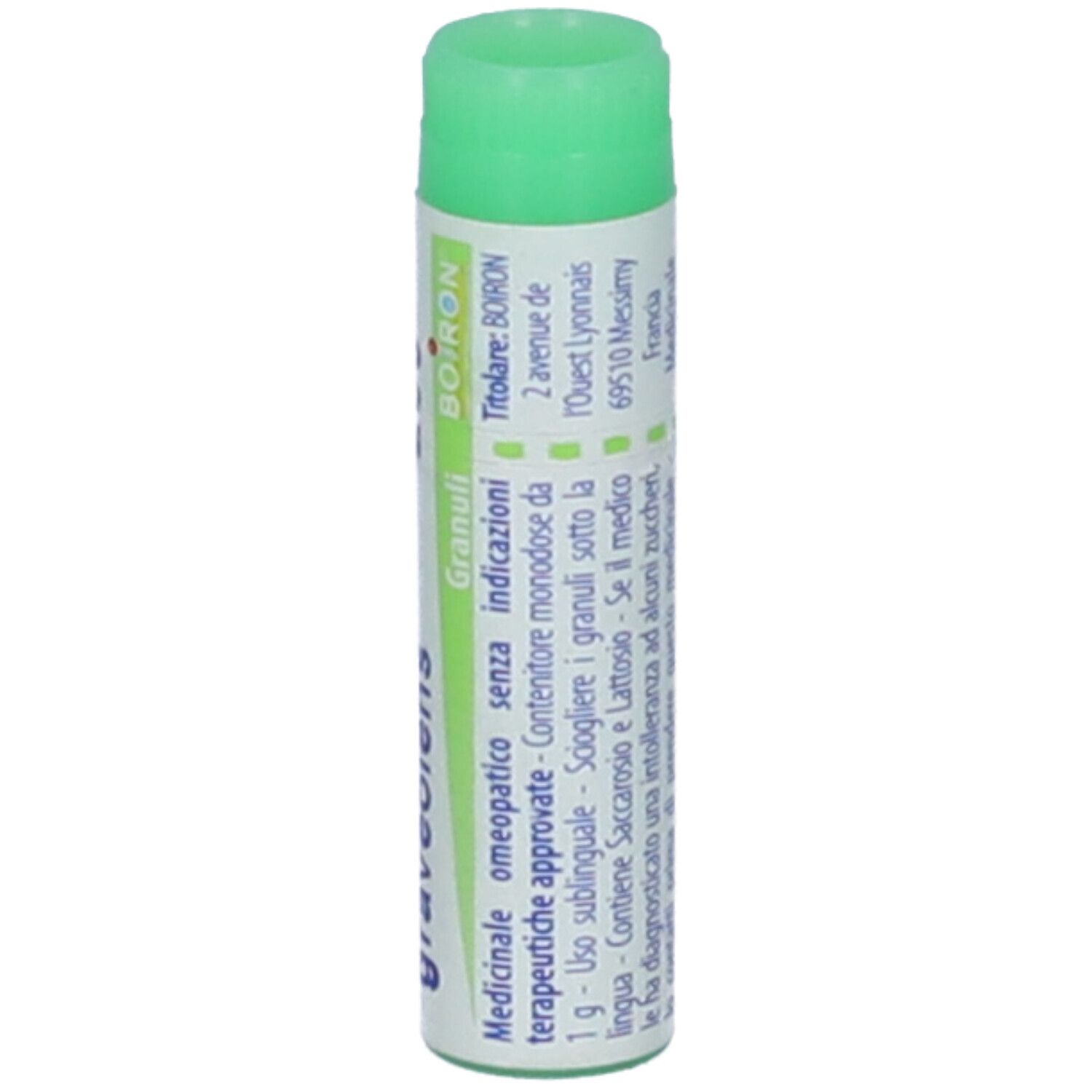 Contenitore monodose cilindrico. Scritta: Ruta graveolens, 200 ch, BOIRON. Tappo verde. Informazioni aggiuntive.
