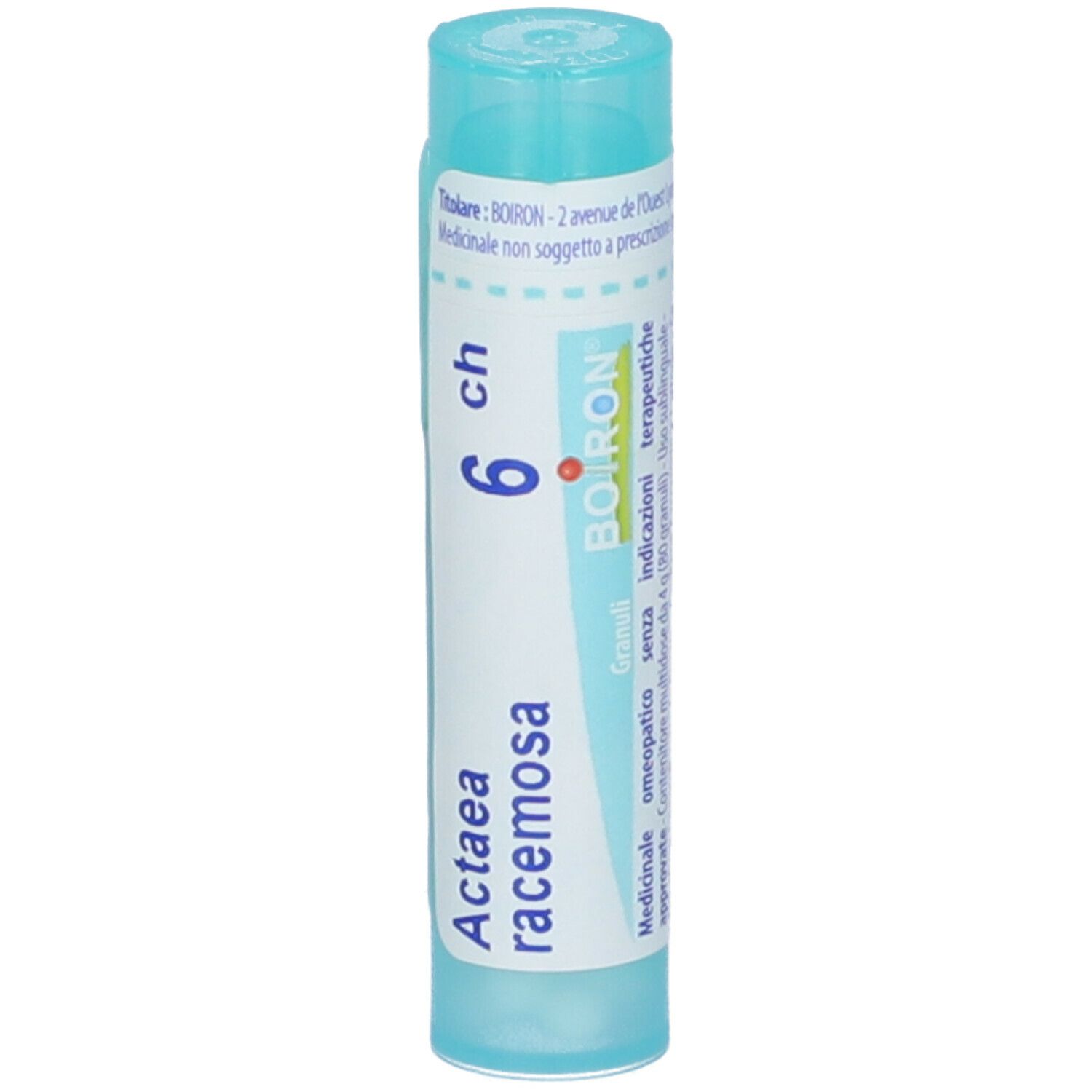 Confezione cilindrica di Actaea racemosa 6CH. Marchio BOIRON. Tappo e etichetta blu.