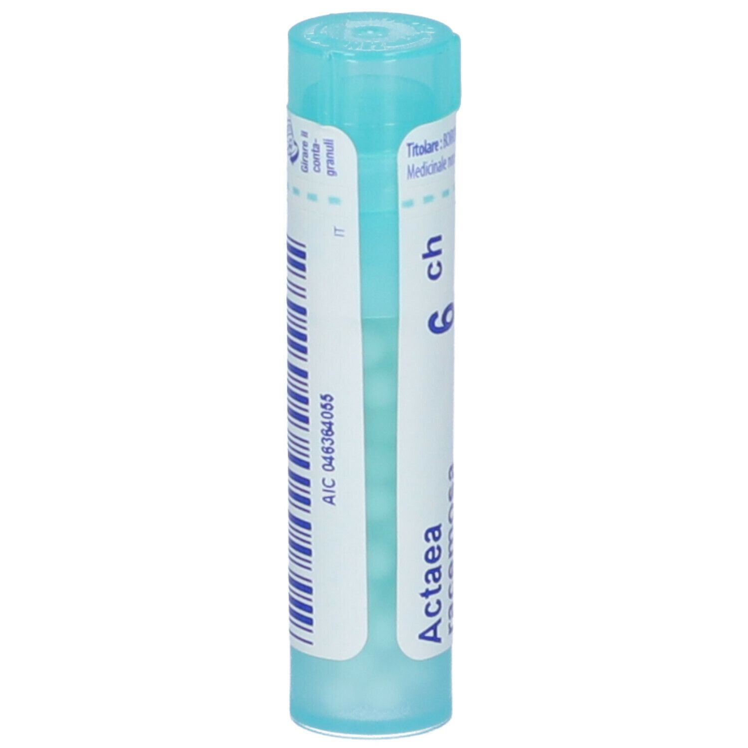 Confezione cilindrica Actaea racemosa 6CH. Etichetta con codice a barre e AIC. Tappo blu.