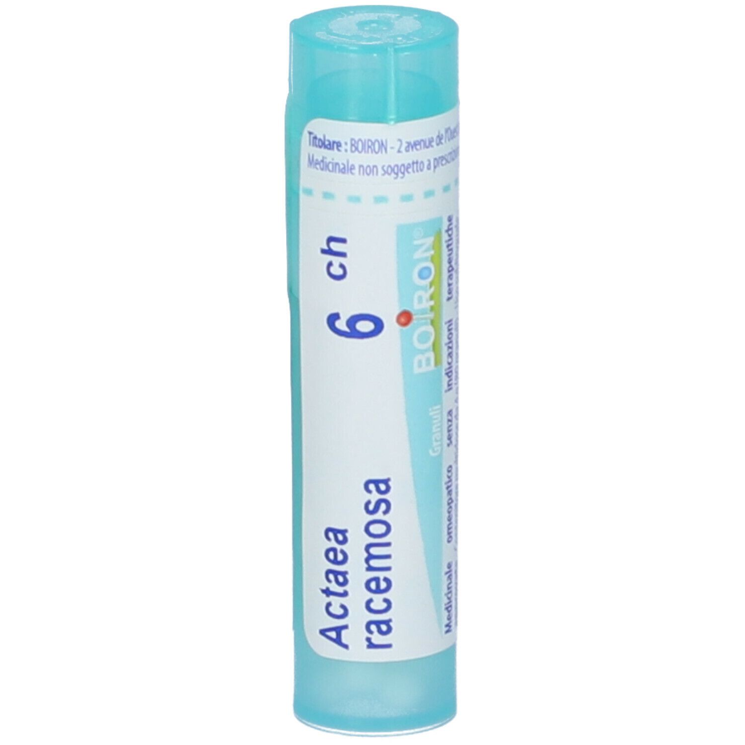 Confezione cilindrica Actaea racemosa 6CH. Scritta BOIRON e 6CH. Tappo blu.