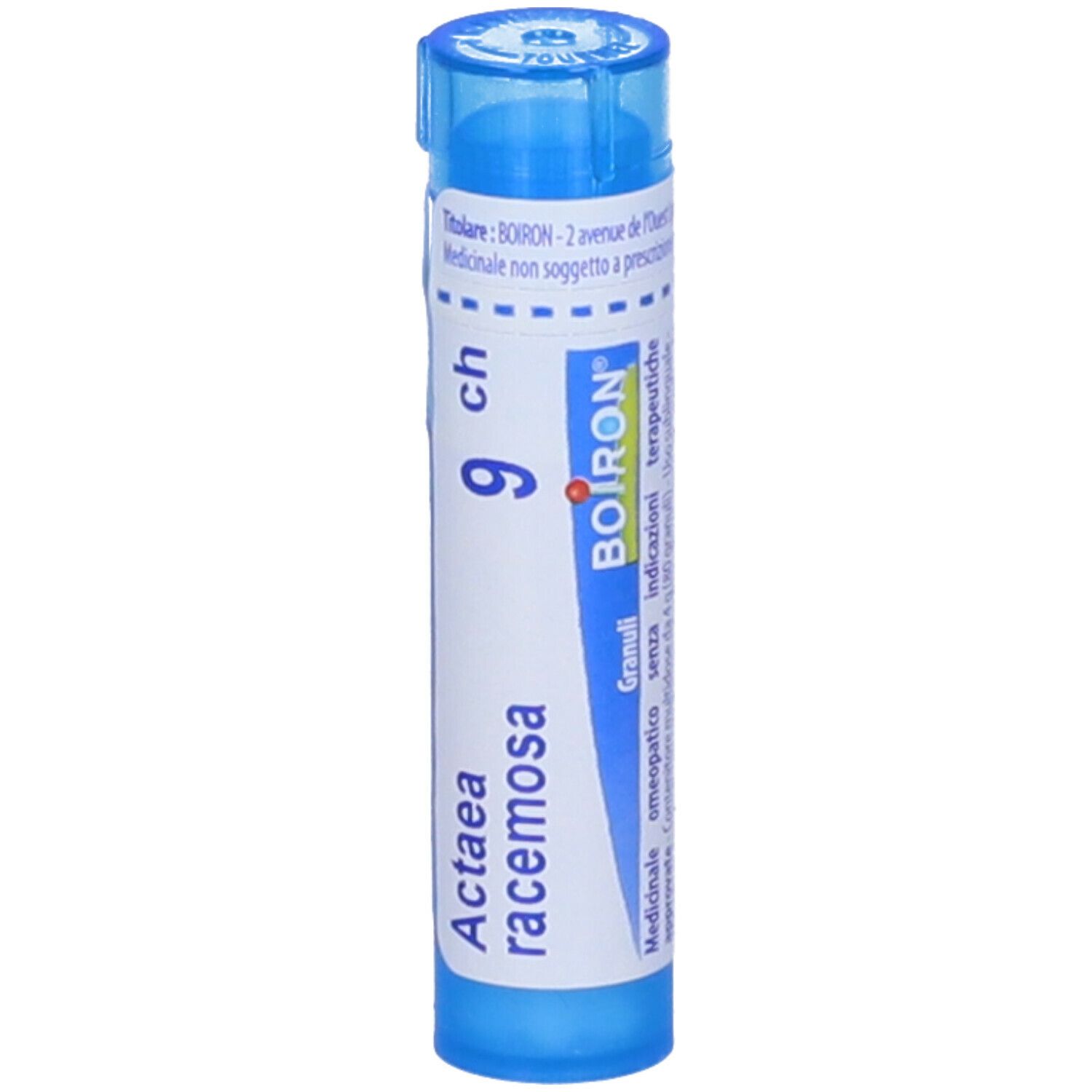 Tubo blu con etichetta bianca. Scritta: Actaea racemosa 9 ch, BOIRON. Granuli. Tappo blu.