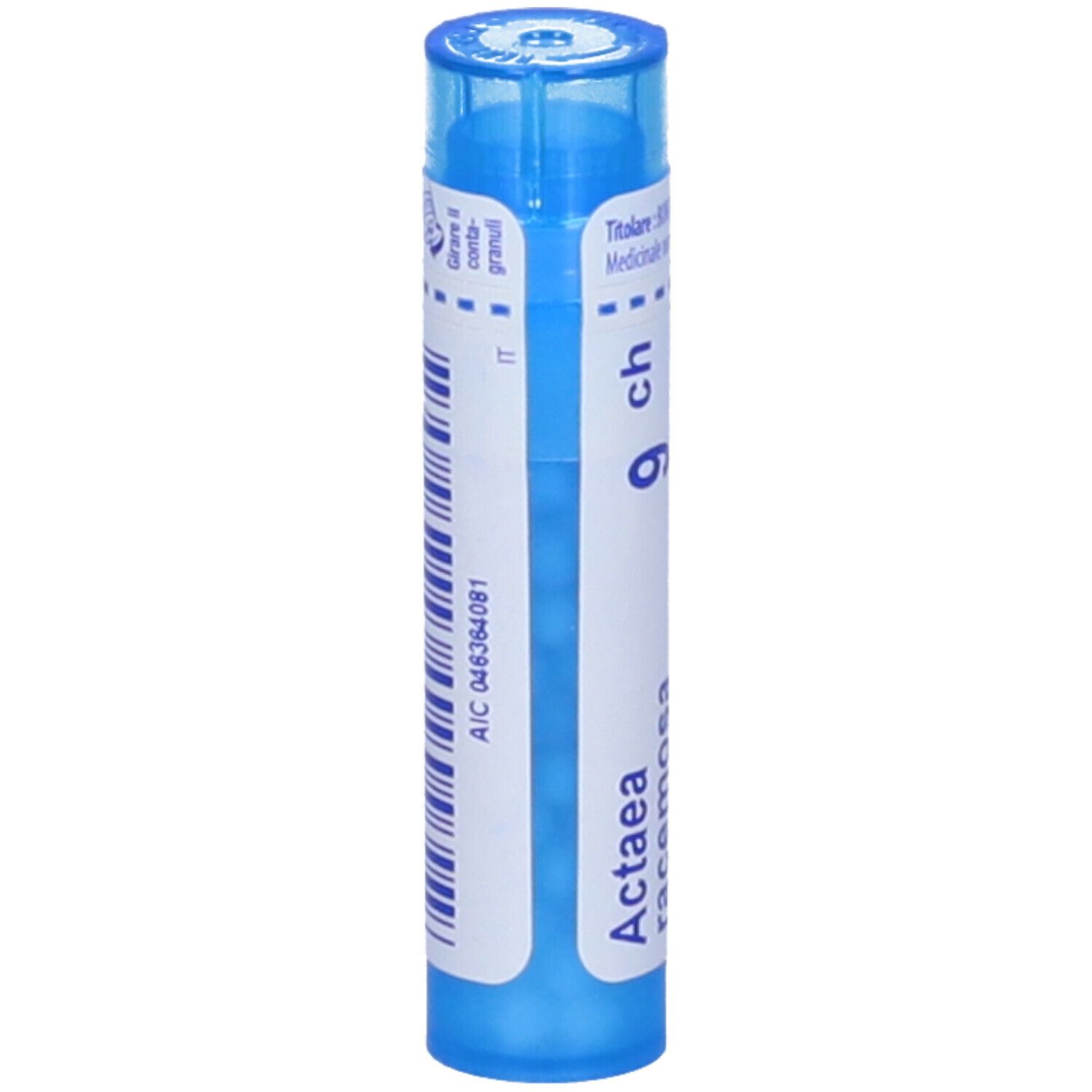 Tubo blu con etichetta bianca. Scritta: Actaea racemosa 9 ch. Codice a barre e ID IT. Tappo blu.