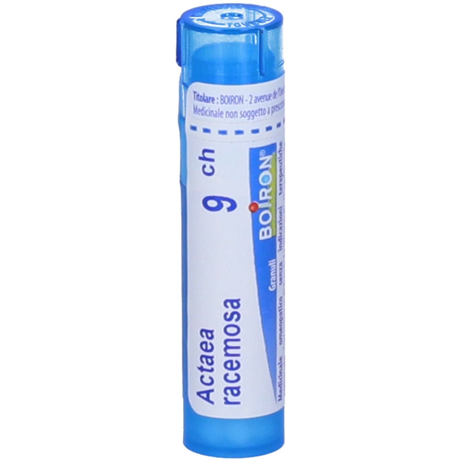Tubo blu con etichetta bianca. Scritta: Actaea racemosa 9 ch, BOIRON. Granuli. Tappo blu.