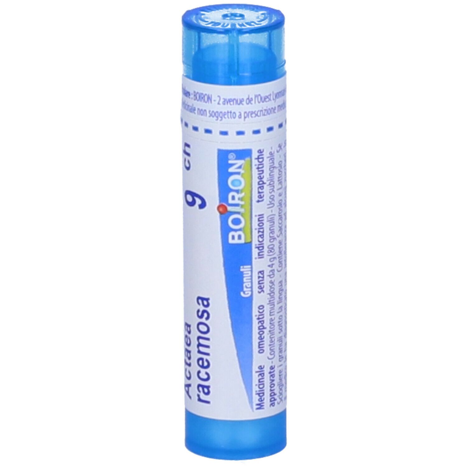 Tubo blu con etichetta bianca. Scritta: Actaea racemosa 9 ch, BOIRON. Granuli. Tappo blu.