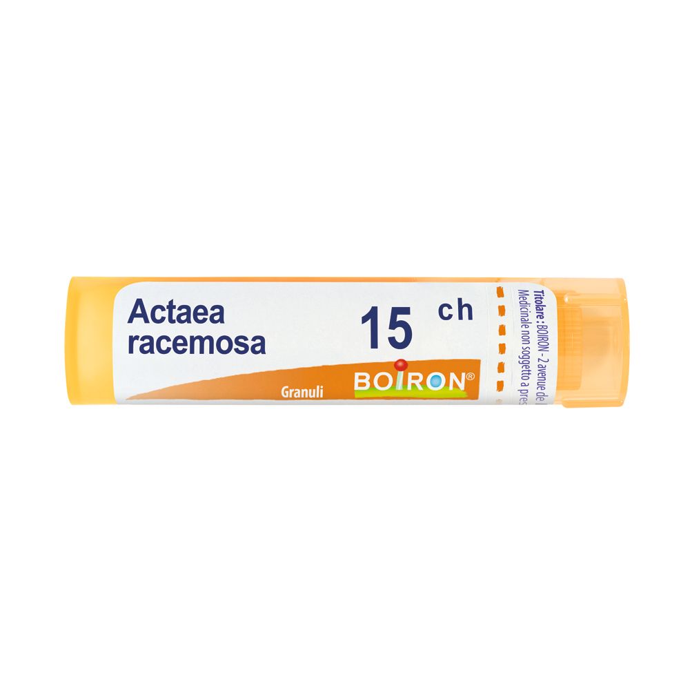 Confezione cilindrica con scritta Actaea racemosa, 15 ch e logo BOIRON. Giallo e bianco.