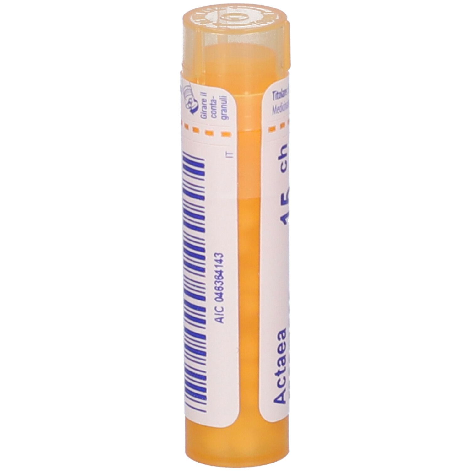Confezione cilindrica con scritta Actaea, 15 ch e codice a barre. Giallo e bianco.