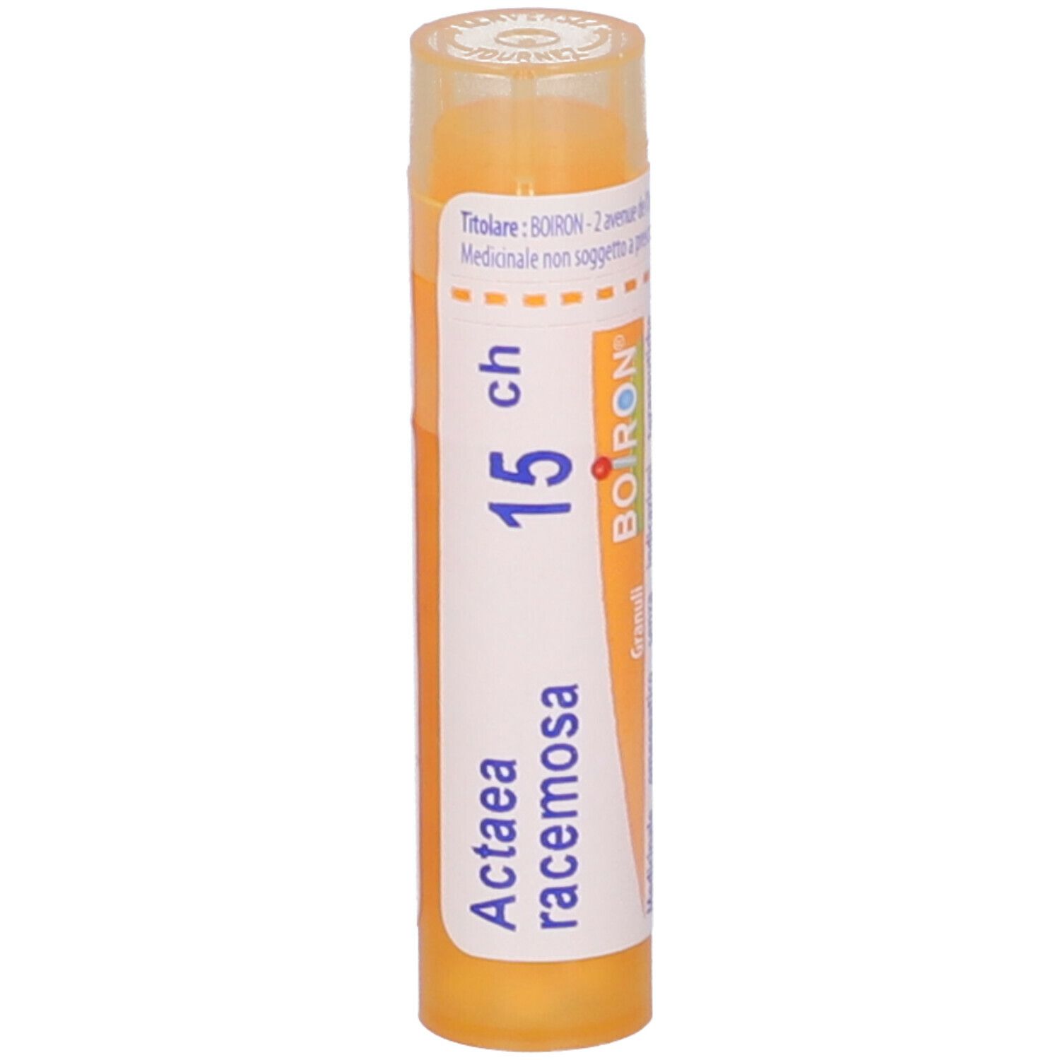 Confezione cilindrica con scritta Actaea racemosa, 15 ch e logo BOIRON. Giallo e bianco.