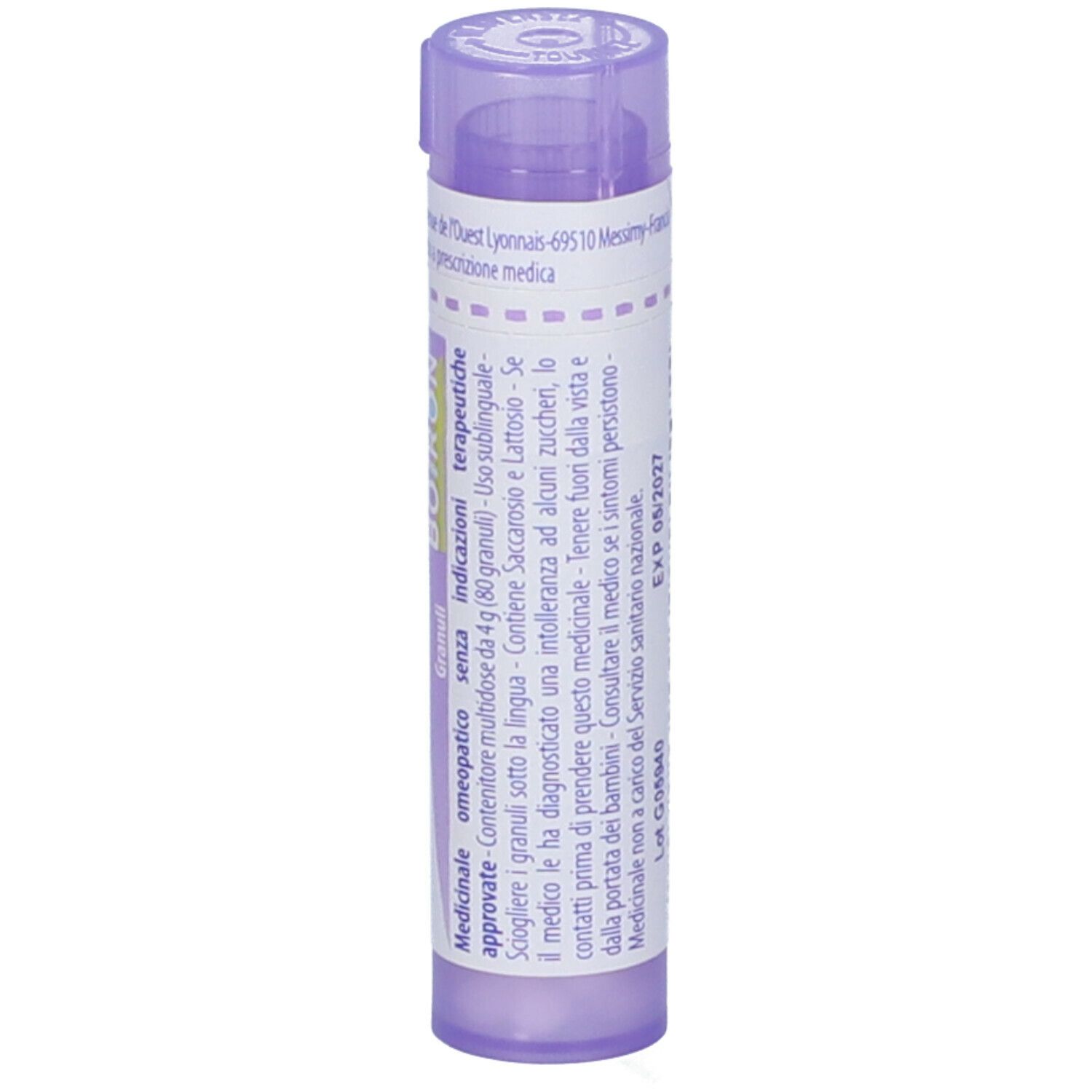Confezione cilindrica, viola. Scritta: Actaea racemosa, 30 ch. Con etichetta bianca e testo.