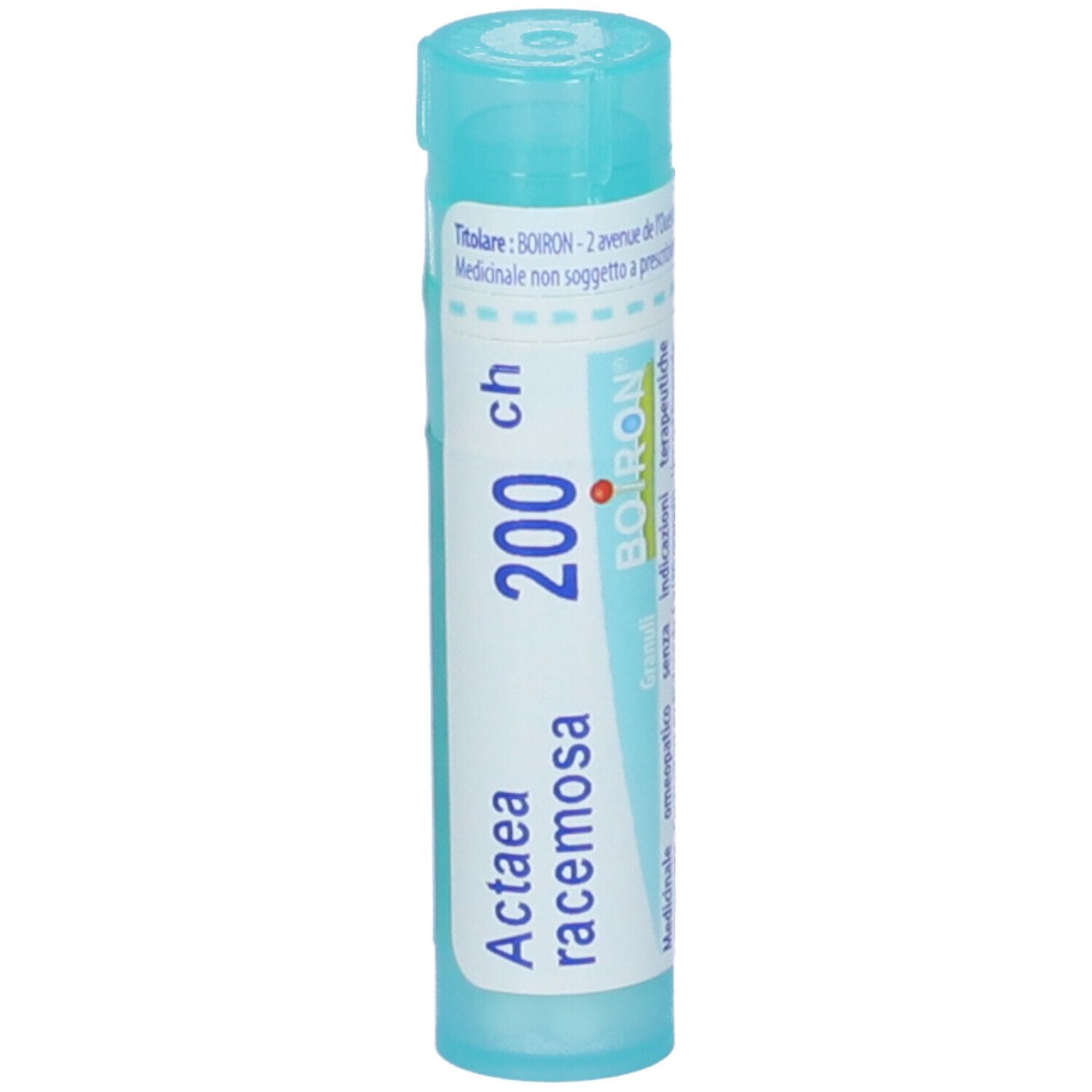 Confezione cilindrica, tappo blu. Scritta: Actaea racemosa 200 ch, BOIRON. Punto rosso.