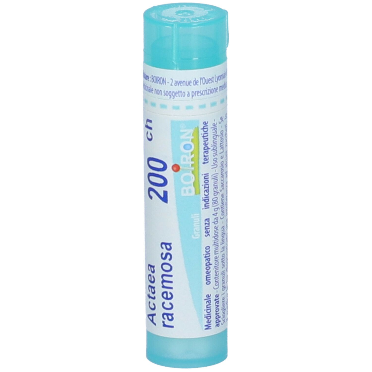 Confezione cilindrica, tappo blu. Scritta: Actaea racemosa 200 ch, BOIRON. Granuli.