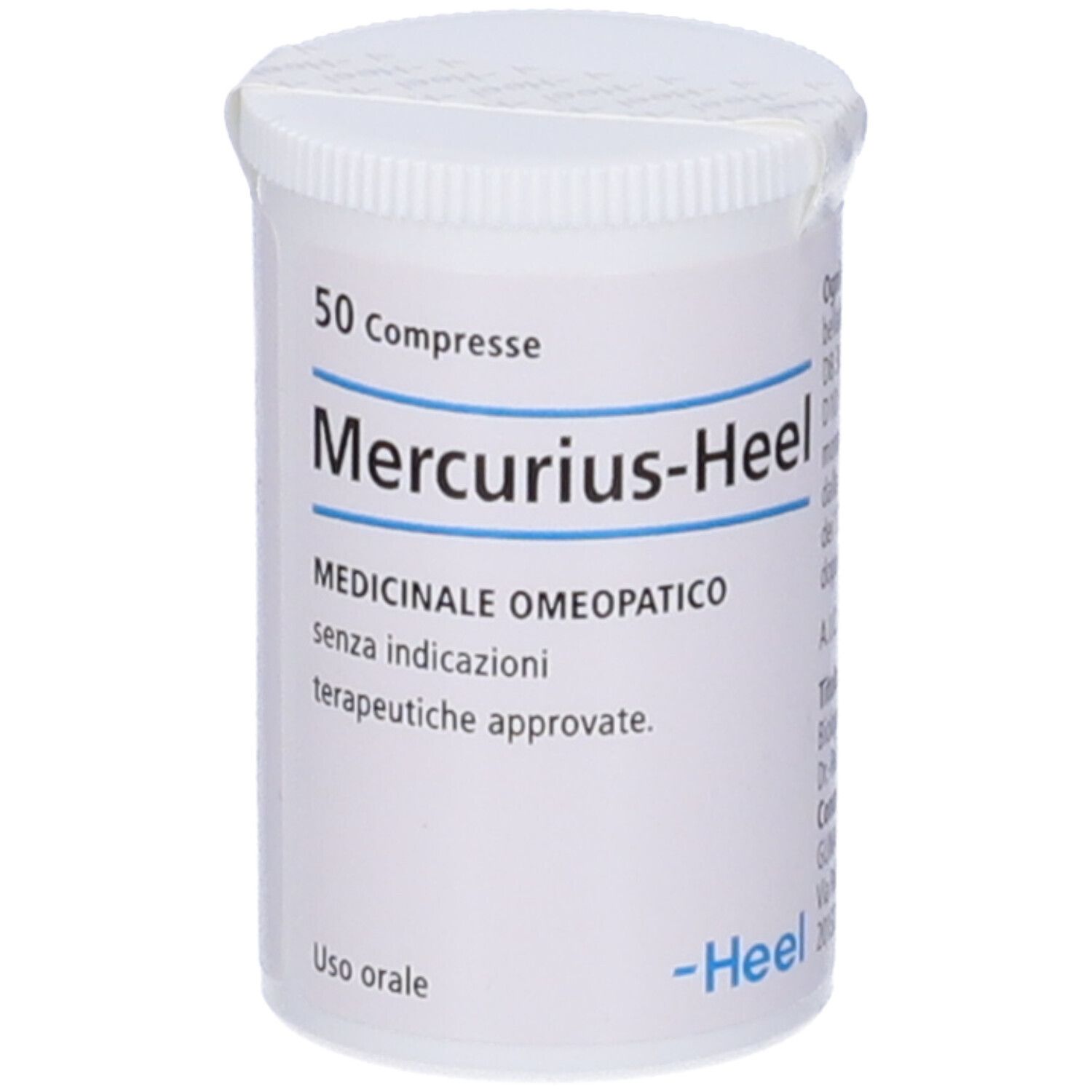 Flacone bianco Mercurius-Heel. 50 compresse. Medicinale omeopatico. Logo -Heel.