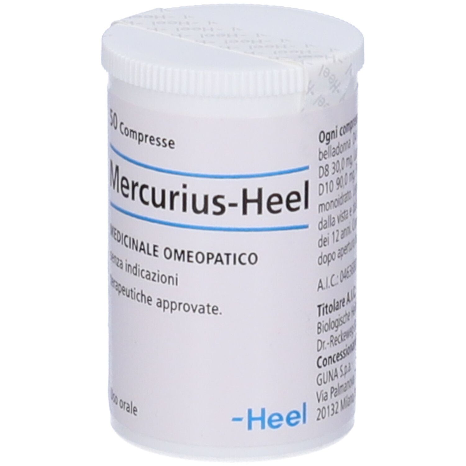 Flacone bianco Mercurius-Heel. 50 compresse. Medicinale omeopatico. Logo -Heel.