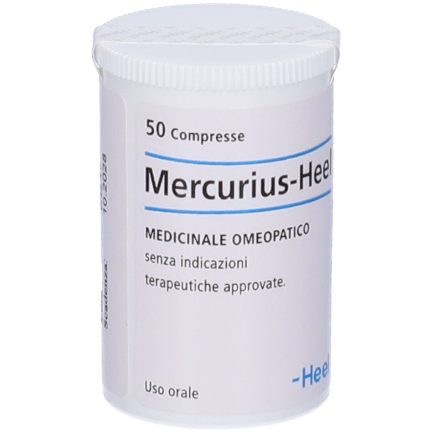 Flacone bianco Mercurius-Heel. 50 compresse. Medicinale omeopatico. Logo -Heel.