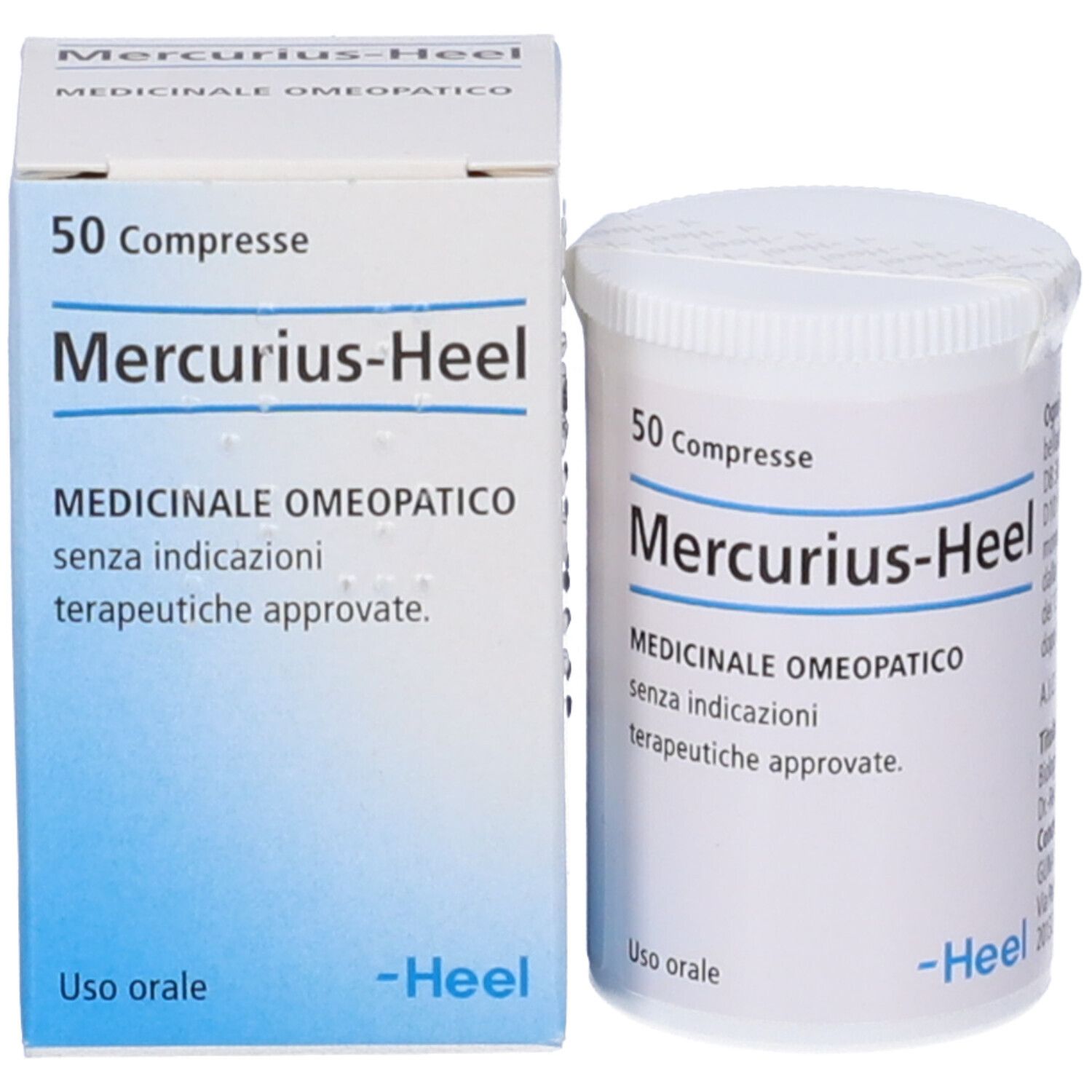Flacone e scatola Mercurius-Heel. 50 compresse. Medicinale omeopatico. Logo -Heel.