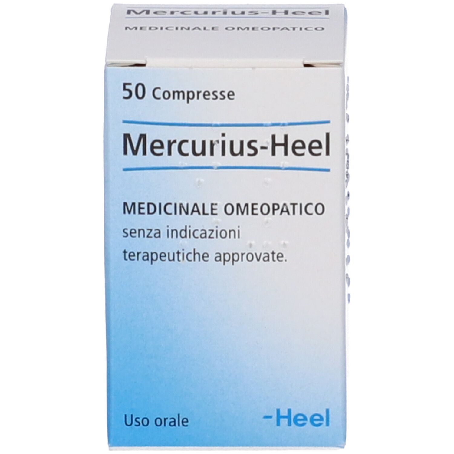 Scatola bianca Mercurius-Heel. 50 compresse. Medicinale omeopatico. Logo -Heel.
