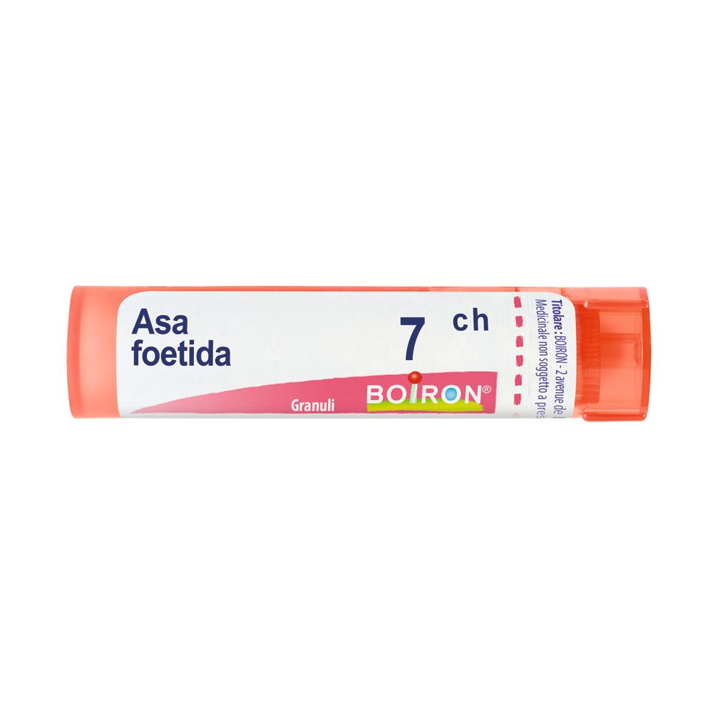 Flacone cilindrico rosa. Scritta: Asa foetida 7 ch, BOIRON, Granuli.