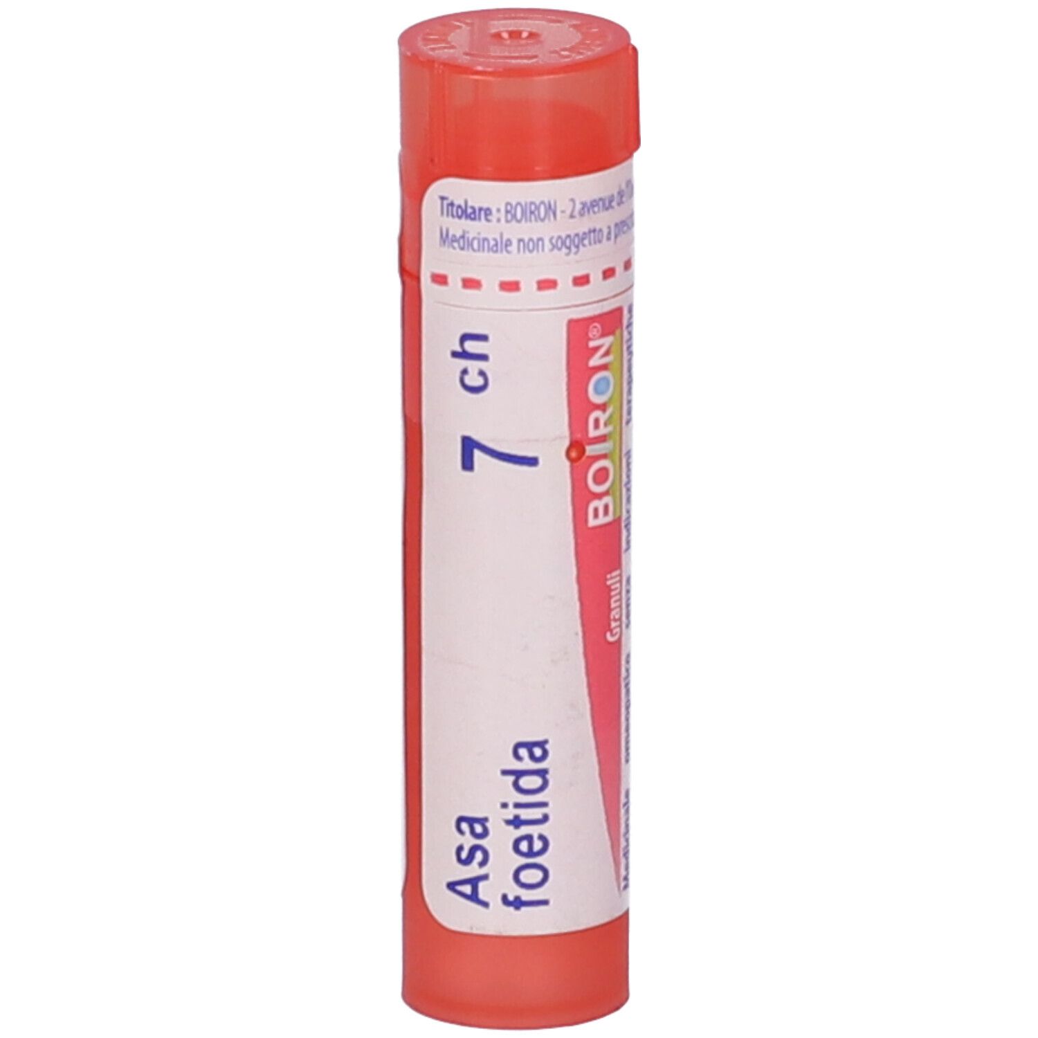 Flacone cilindrico rosa. Scritta: Asa foetida 7 ch, BOIRON, Granuli.