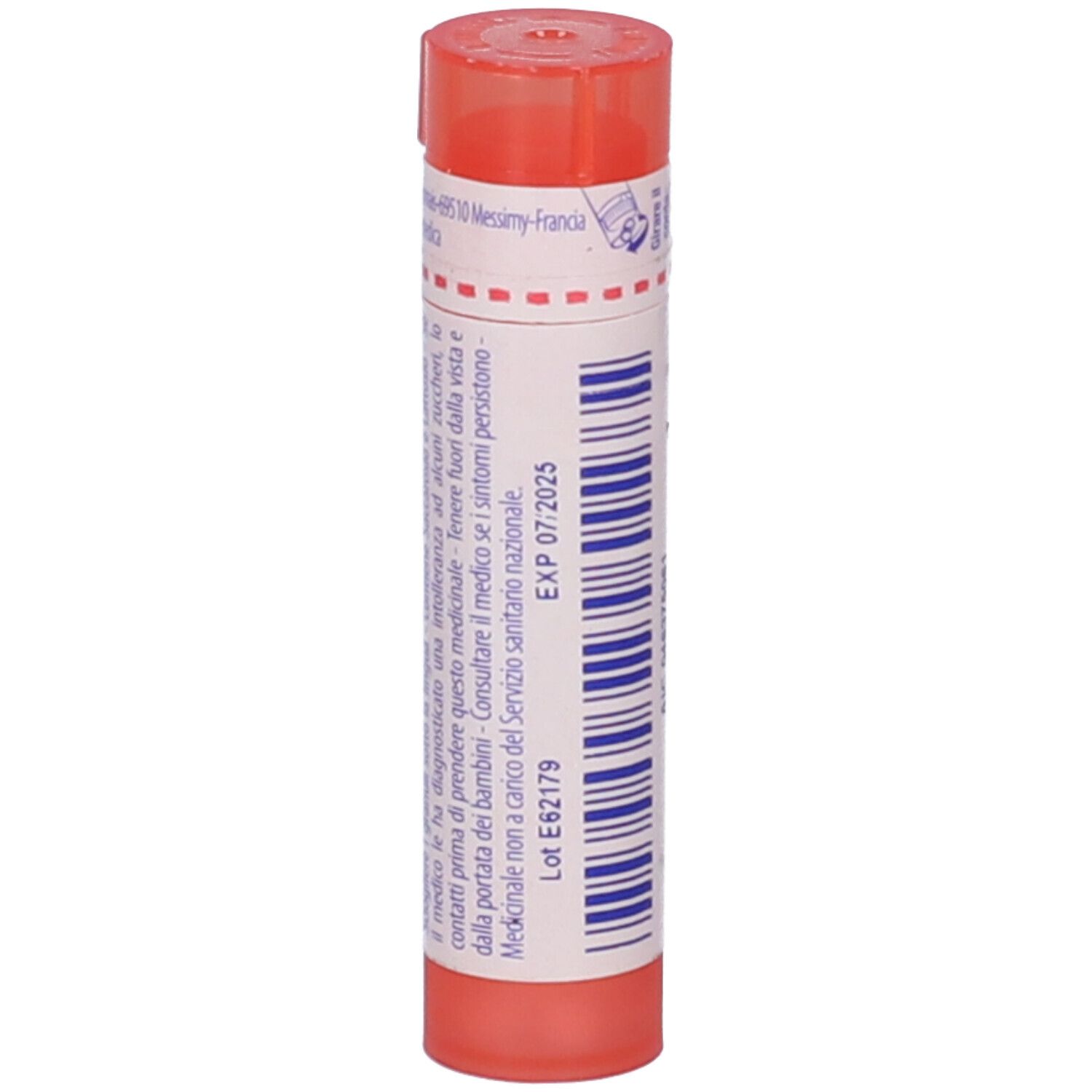 Flacone cilindrico rosa. Scritta: Asa foetida 7 ch, BOIRON, Granuli.