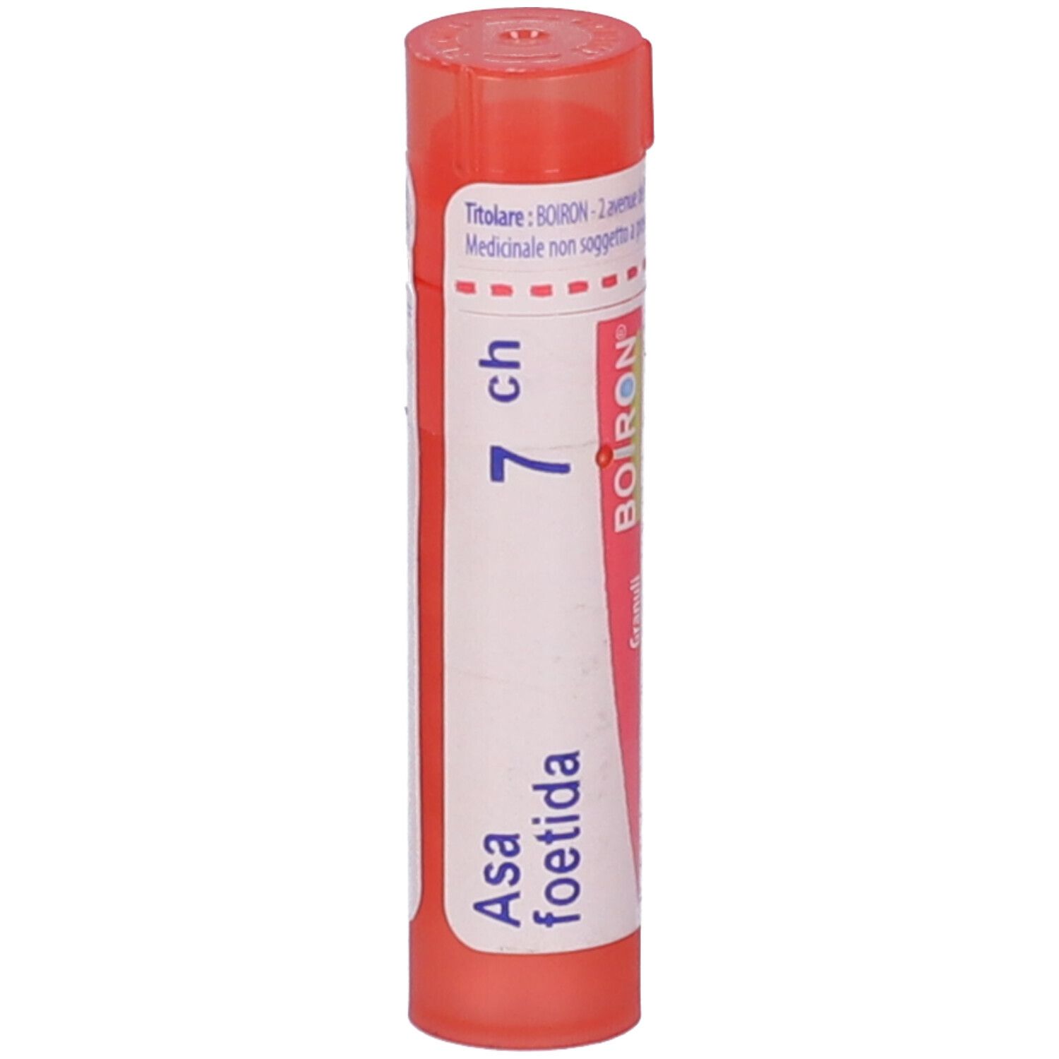 Flacone cilindrico rosa. Scritta: Asa foetida 7 ch, BOIRON, Granuli.