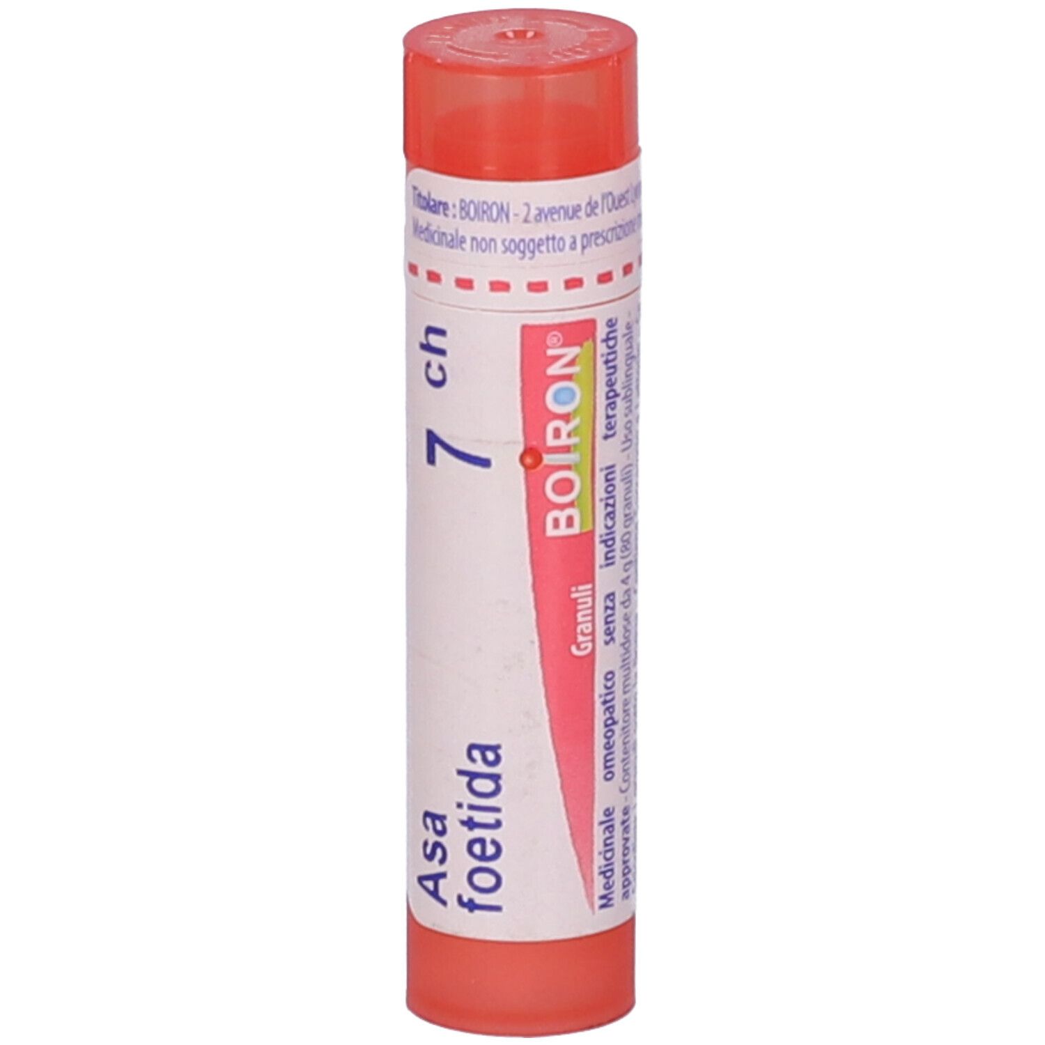 Flacone cilindrico rosa. Scritta: Asa foetida 7 ch, BOIRON, Granuli.