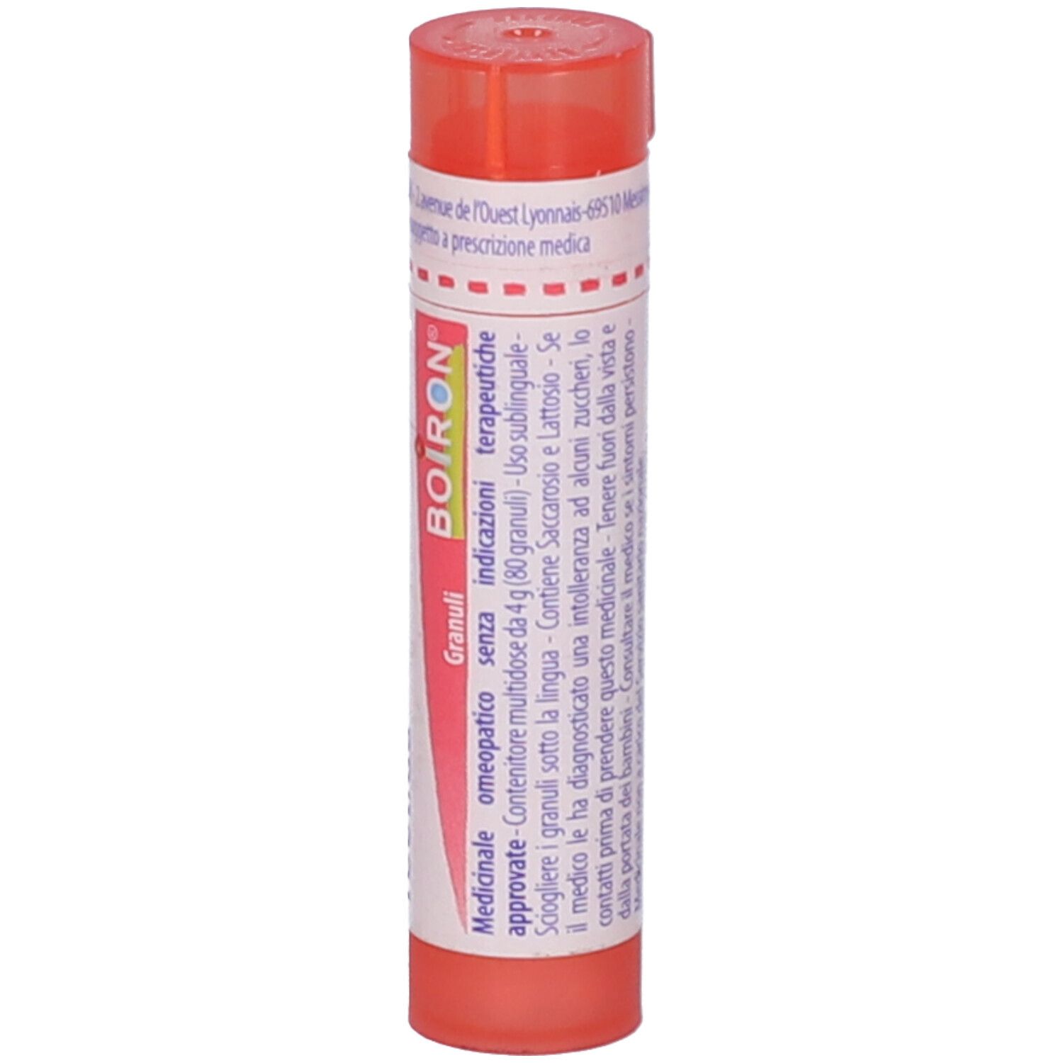 Flacone cilindrico rosa. Scritta: Asa foetida 7 ch, BOIRON, Granuli.