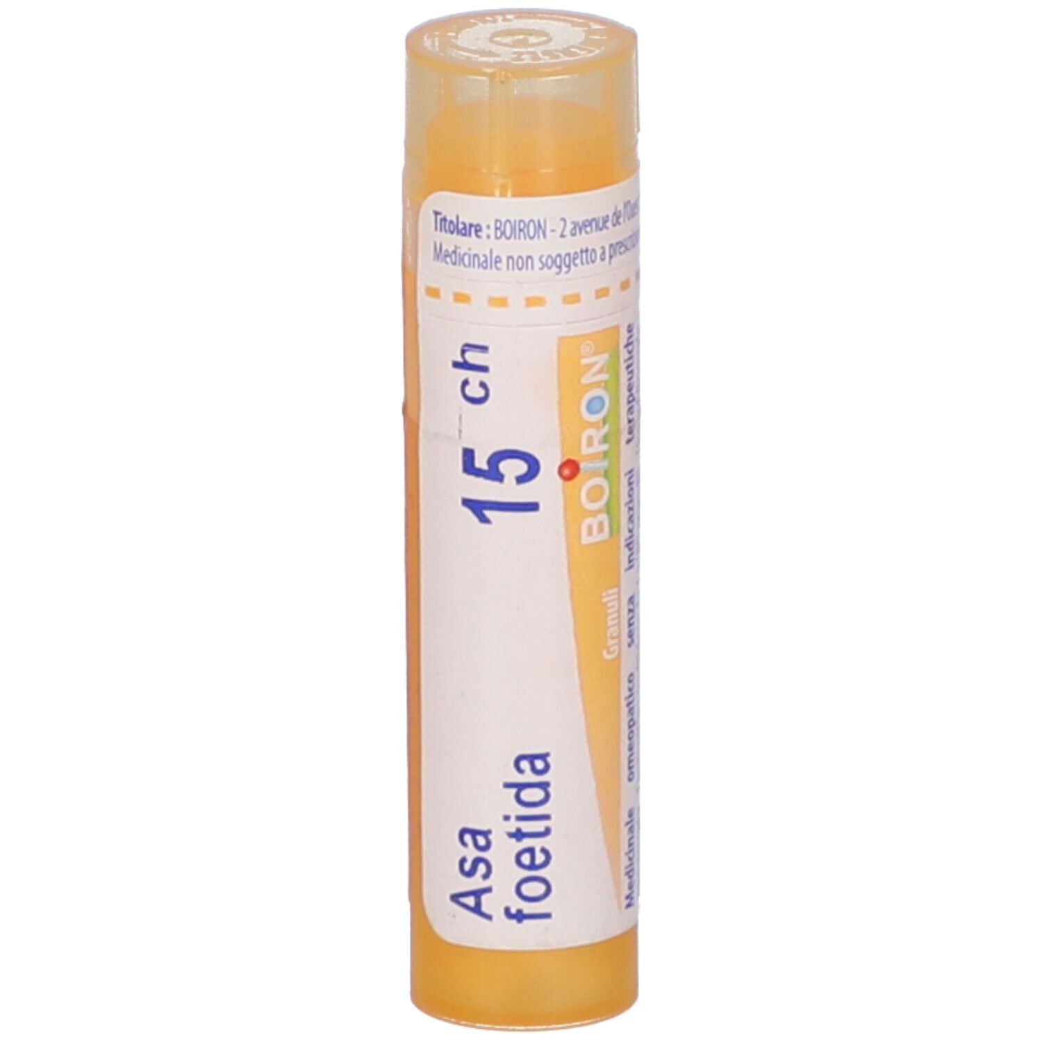 Tubo cilindrico giallo con 'Asa foetida 15 CH' e 'BOIRON'.