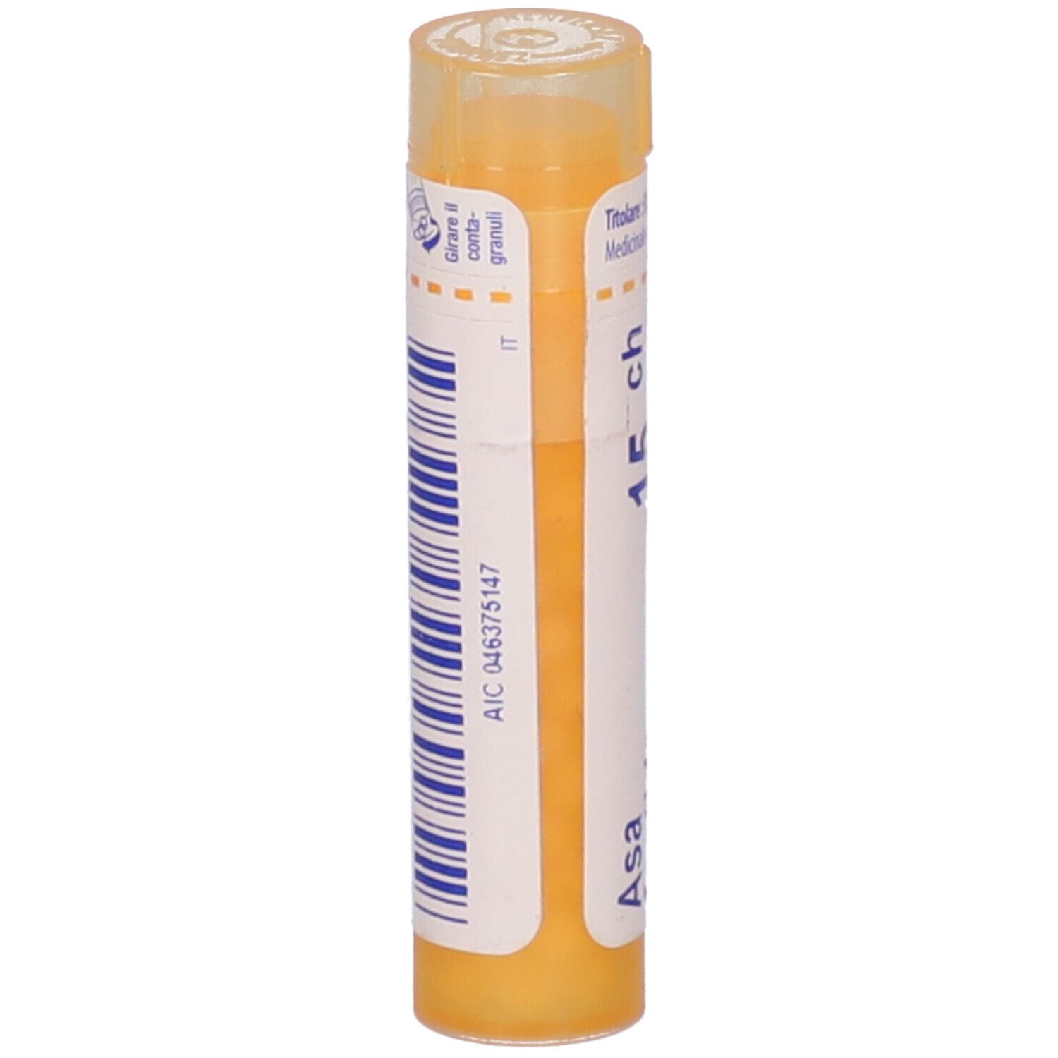 Tubo cilindrico giallo con 'Asa foetida 15 CH' e codice a barre.