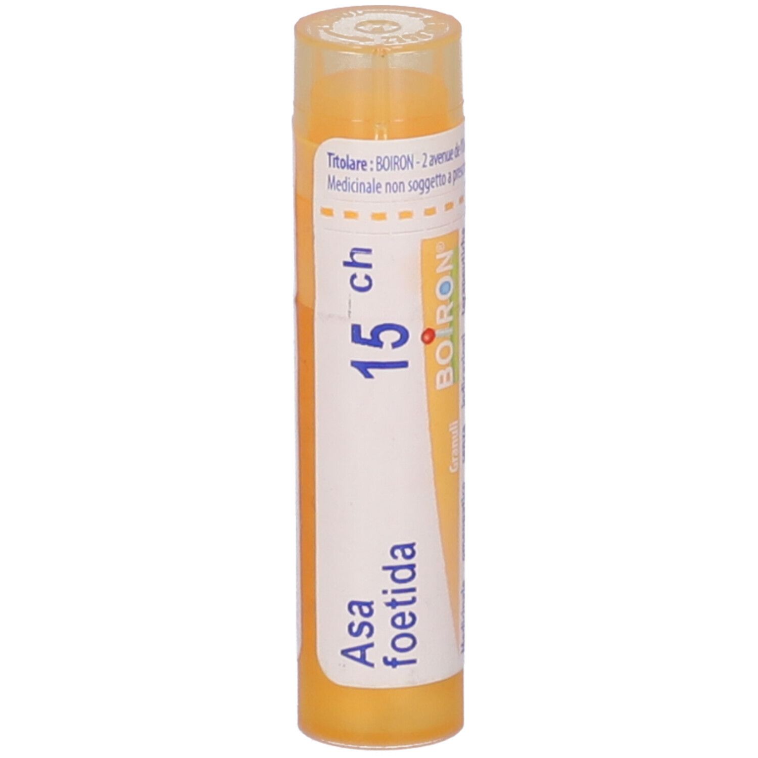 Tubo cilindrico giallo con 'Asa foetida 15 CH' e 'BOIRON'.