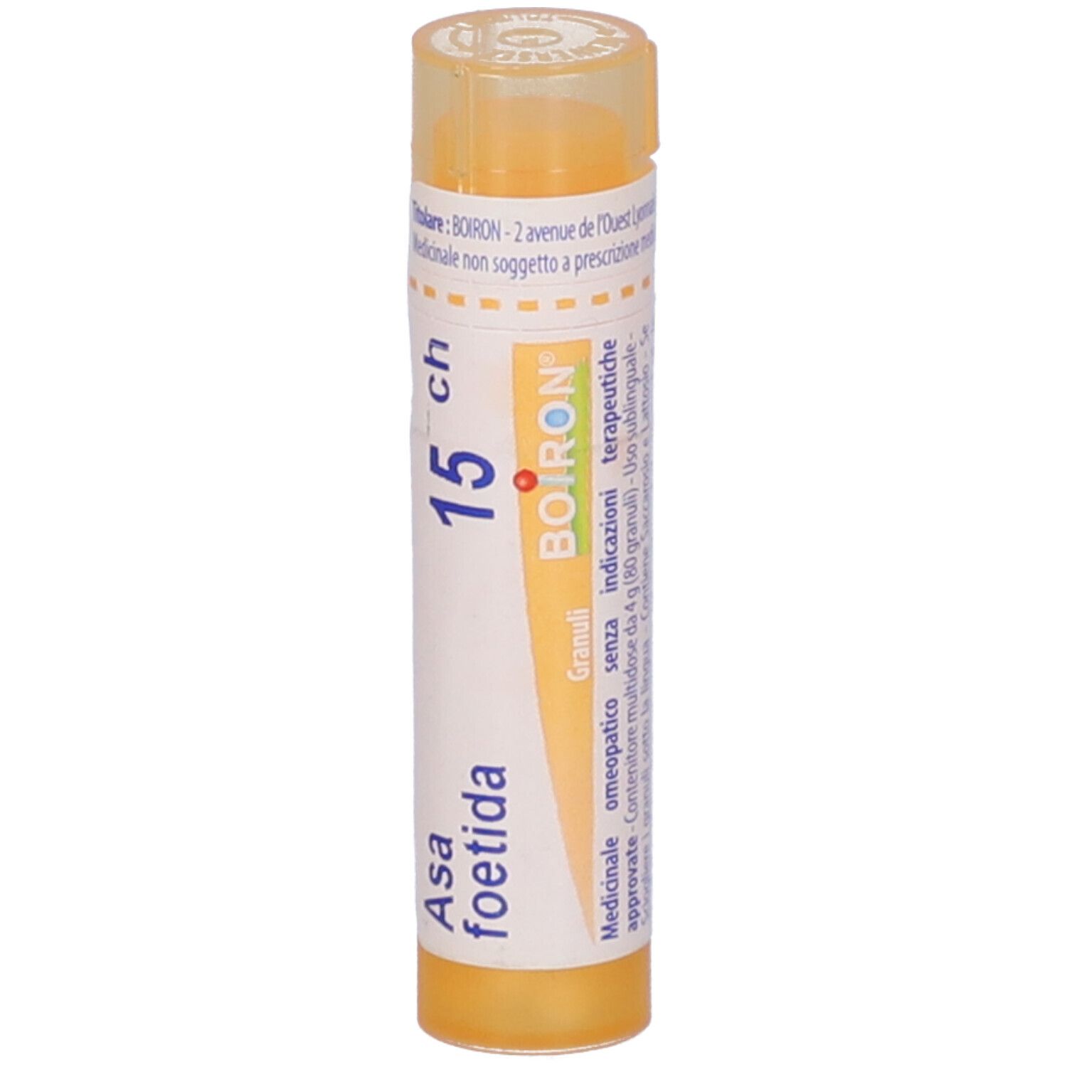 Tubo cilindrico giallo con 'Asa foetida 15 CH' e 'BOIRON'.
