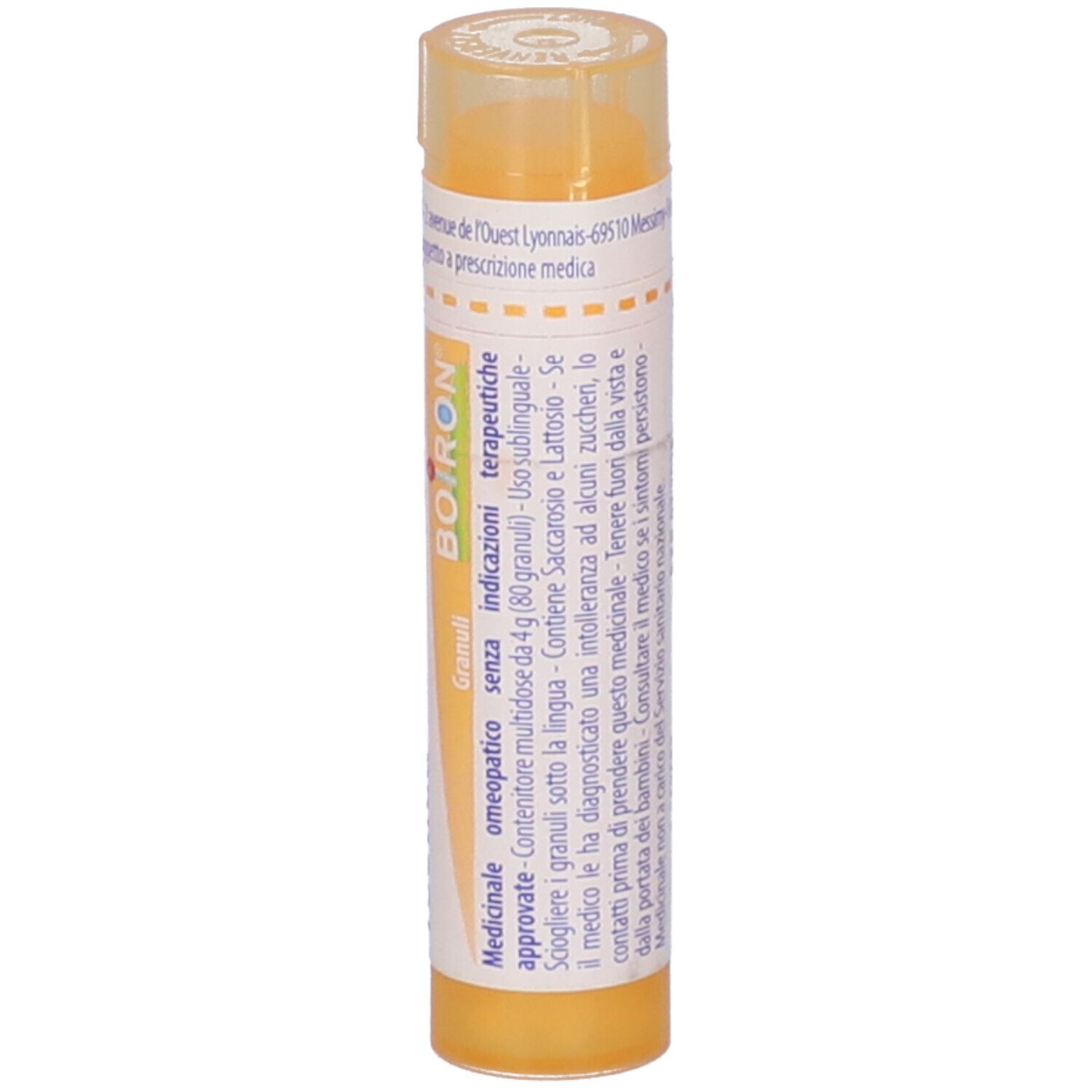 Tubo cilindrico giallo con 'Asa foetida 15 CH' e 'BOIRON'.