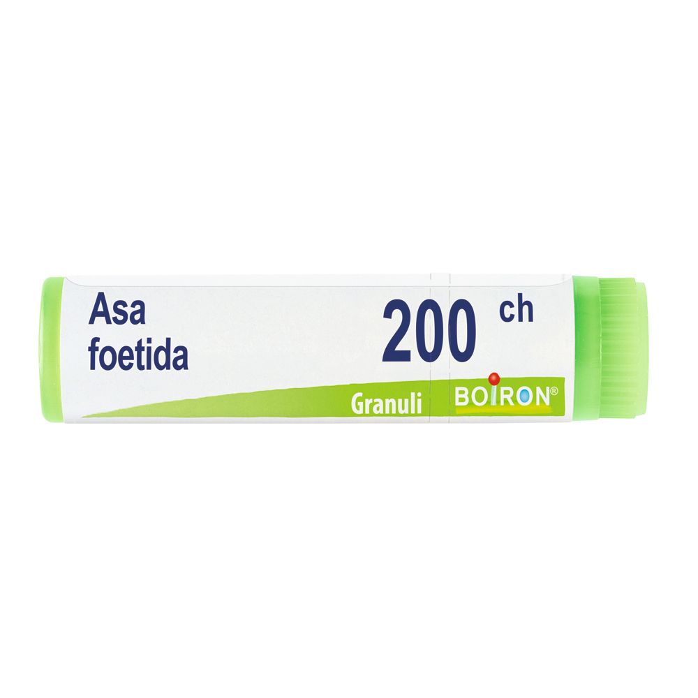 Confezione cilindrica con tappi verdi. Scritta: Asa foetida, 200 ch, Granuli, BOIRON.